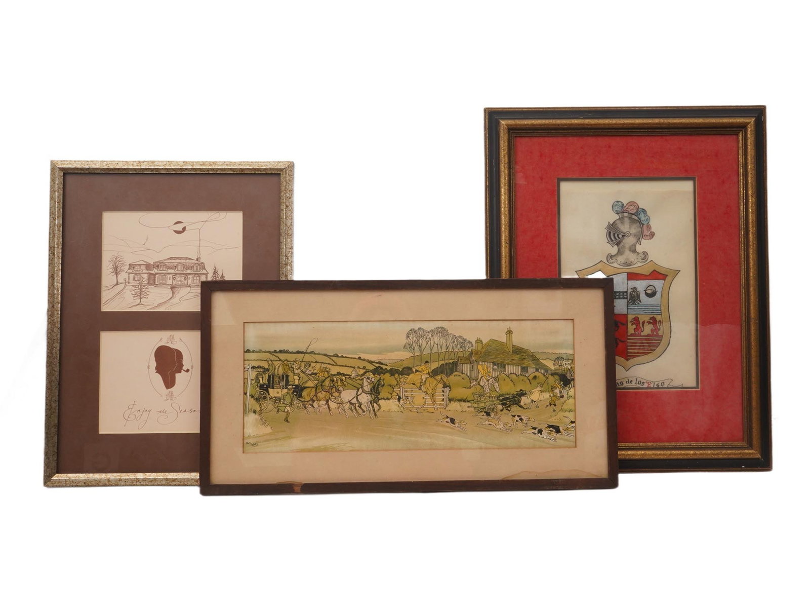 GROUP OF FRAMED WORKS LITHOGRAPH ENGRAVING PAINTING: A group of framed works on paper, including one color lithograph, one engraving, and one mixed-media heraldic composition. The color lithograph depicts a lively rural scene with a horse-drawn carriage