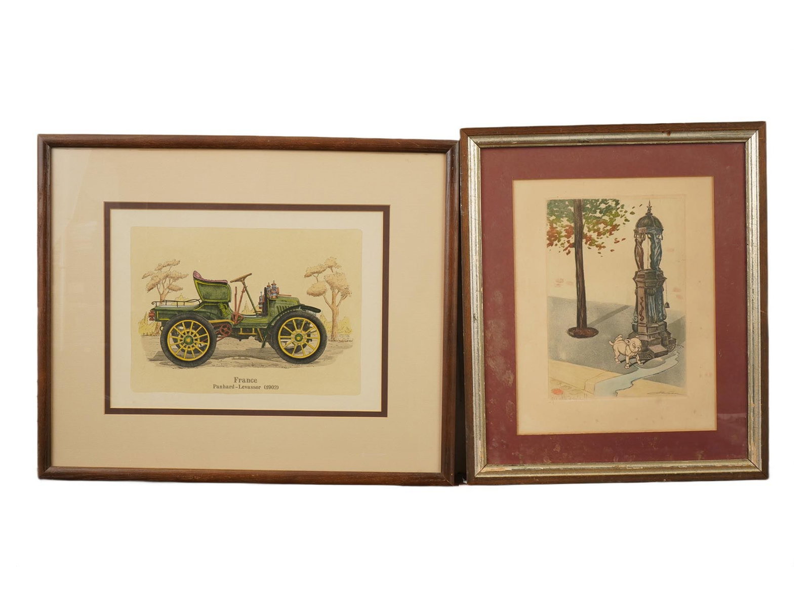 LOT OF TWO FRENCH COLOR LITHOGRAPHS: A lot of two French color lithographs. The first depicts an illustration of a vintage green and yellow 1902 Panhard-Levassor automobile. Inscribed lower: France, Panhard-Levassor, 1902. Matted and fra