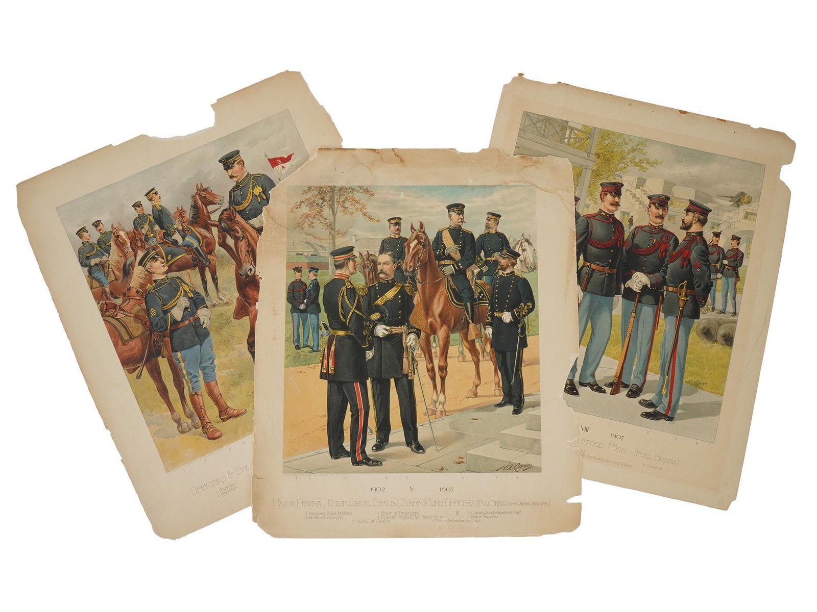 ANTIQUE AMERICAN LITHOGRAPHS BY HENRY OGDEN MILITARY: Three antique colored lithographs by Henry Alexander Ogden, American, 1856 to 1936, a celebrated American illustrator known for his detailed military depictions. The prints feature Officers and Enlist