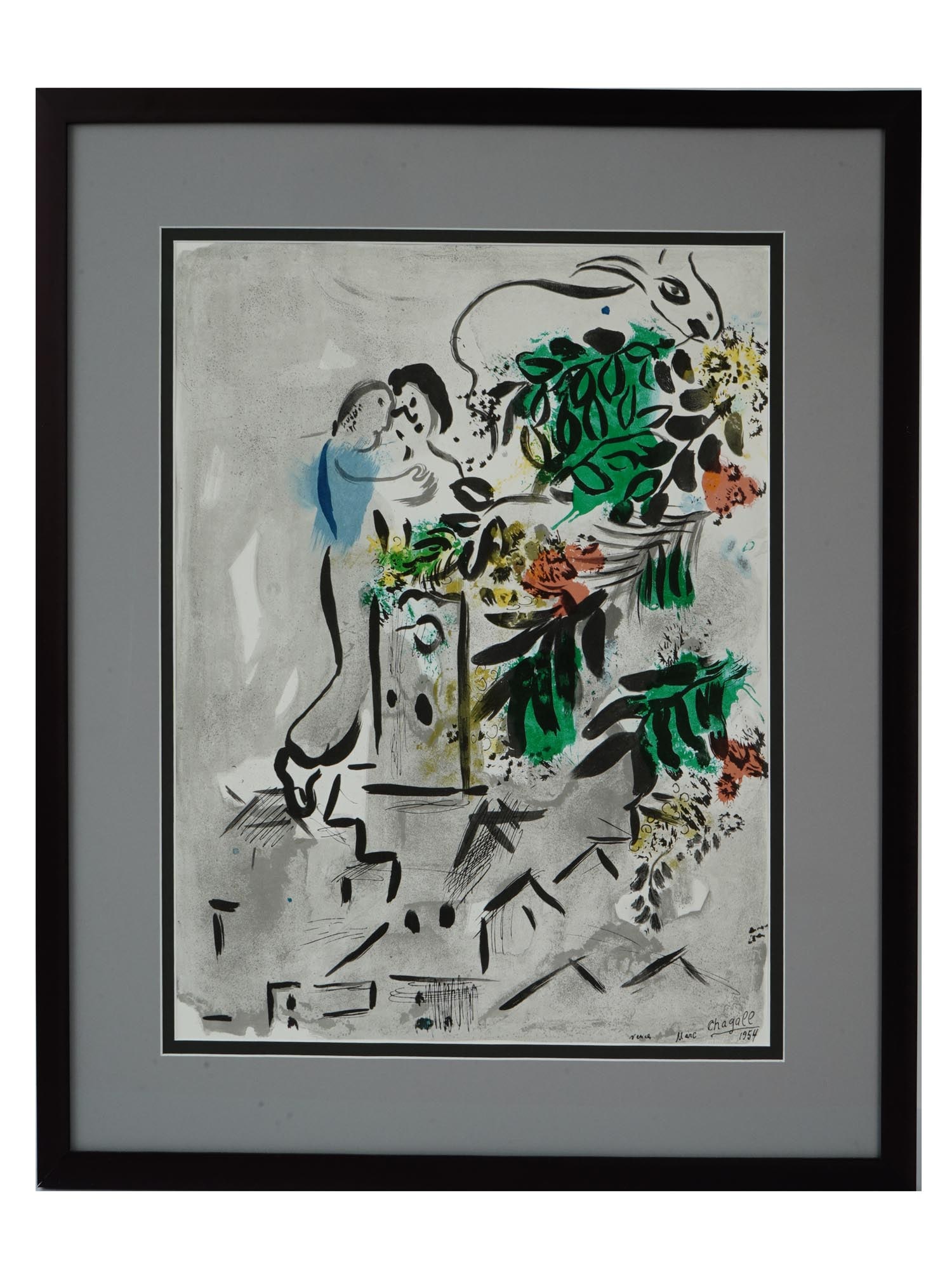 RUSSIAN FRENCH COLOR LITHOGRAPH AFTER MARC CHAGALL: Marc Chagall, Russian, French, 1887 to 1985, a color lithograph on paper, Vence, City of Arts and Flowers. Signed and dated 1954 in the print, lower right. Framed. Vence, Festival of Flowers occurred 