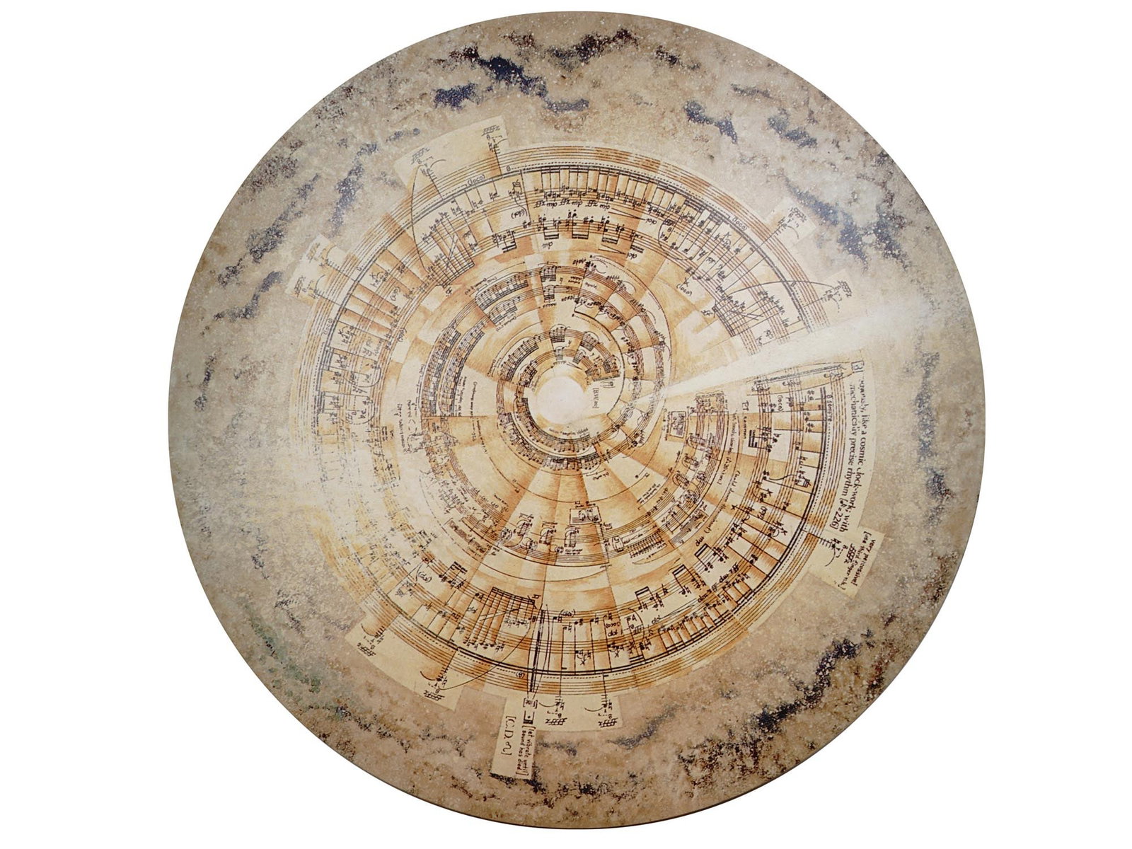RUSSIAN PRINT ON CANVAS AFTER DIMITRI PLAVINSKY: A round giclee print on canvas depicting an abstract Symbolist collage composition with music notes after Dimitri Plavinsky, Russian, 1937 to 2012. Dimitri Plavinsky is a Russian Soviet artist and gra
