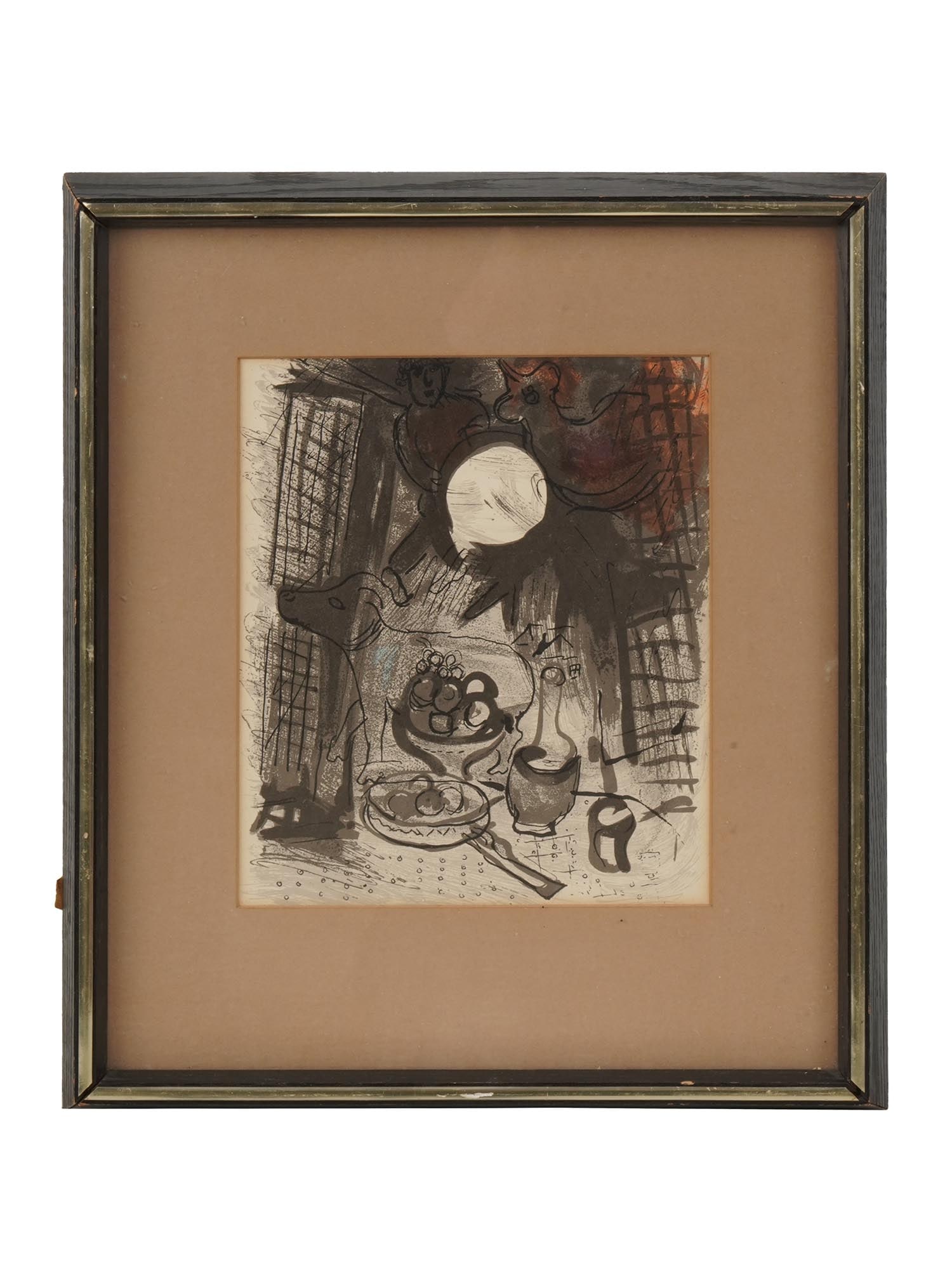 MARC CHAGALL STILL LIFE LITHOGRAPH BY LASSAIGNE: Marc Chagall, 1887-1985, Russian-French painter. An original 1957 lithograph after Chagall by Jacques Lassaigne. Titled Brown Still Life and numbered 205 on the back. The artwork represents a table wi