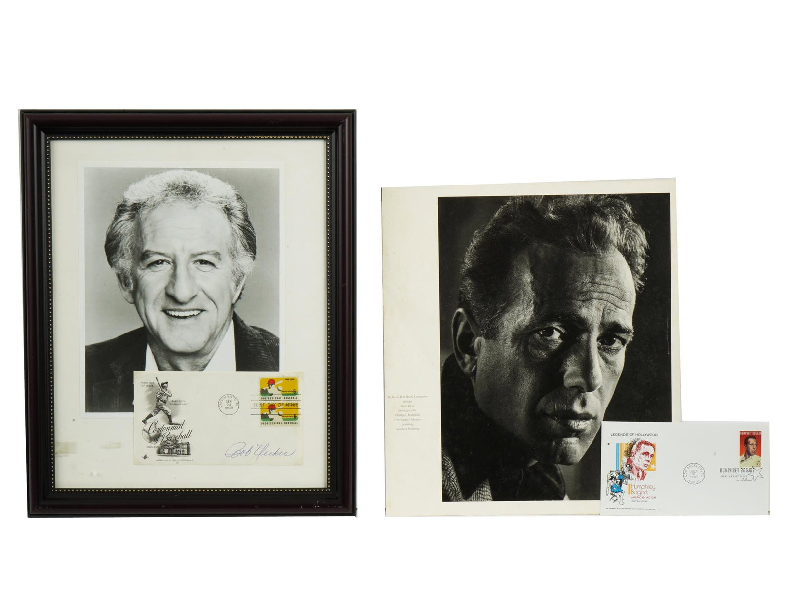 VINTAGE FDCS AND PORTRAITS BOB UECKER HUMPHREY BOGART: Two vintage American sets of first-day covers, each featuring commemorative stamps. The first set honors legendary actor Humphrey Bogart, capturing the essence of his Hollywood legacy, with his portra