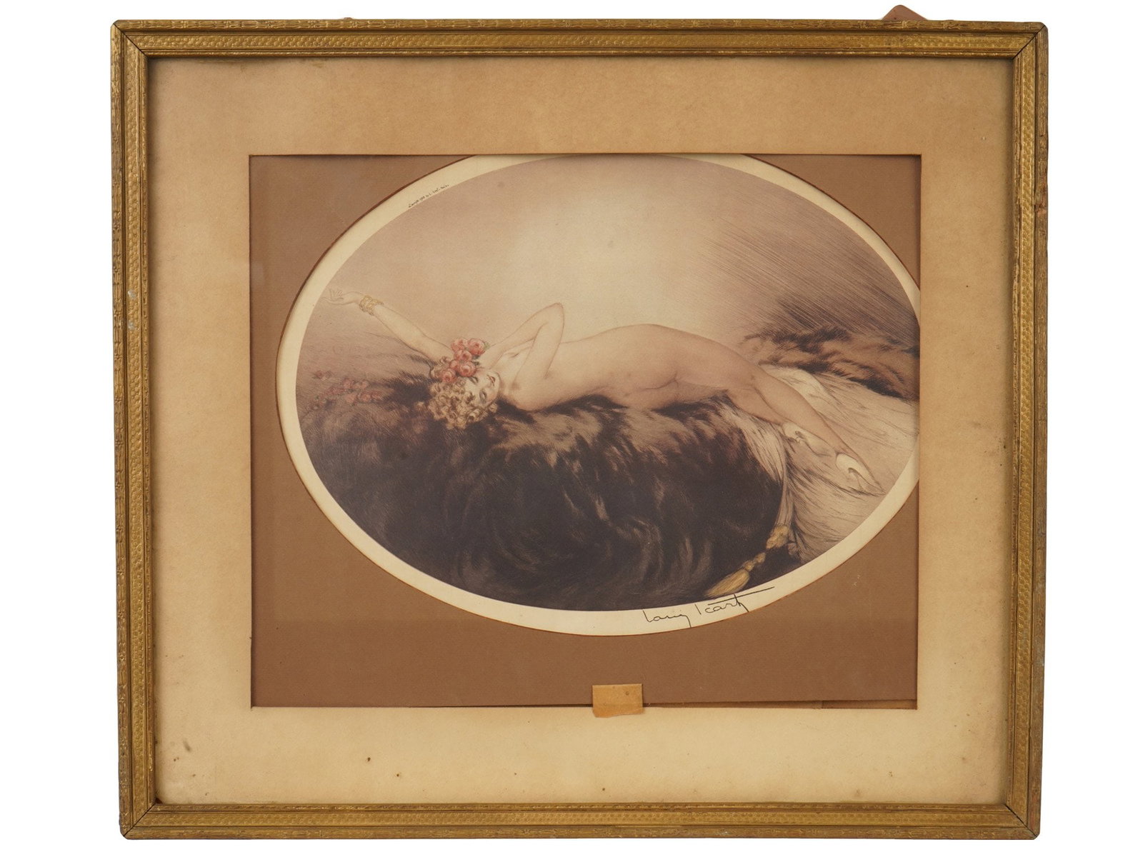 ART DECO FRENCH COLORED PRINT BY LOUIS ICART: Louis Justin Laurent Icart, French, 1888 to 1950, oval colored print depicting an Art Deco scene with a nude female figure reclining on fur, with roses in her hair. Signed lower right. Marked in the p