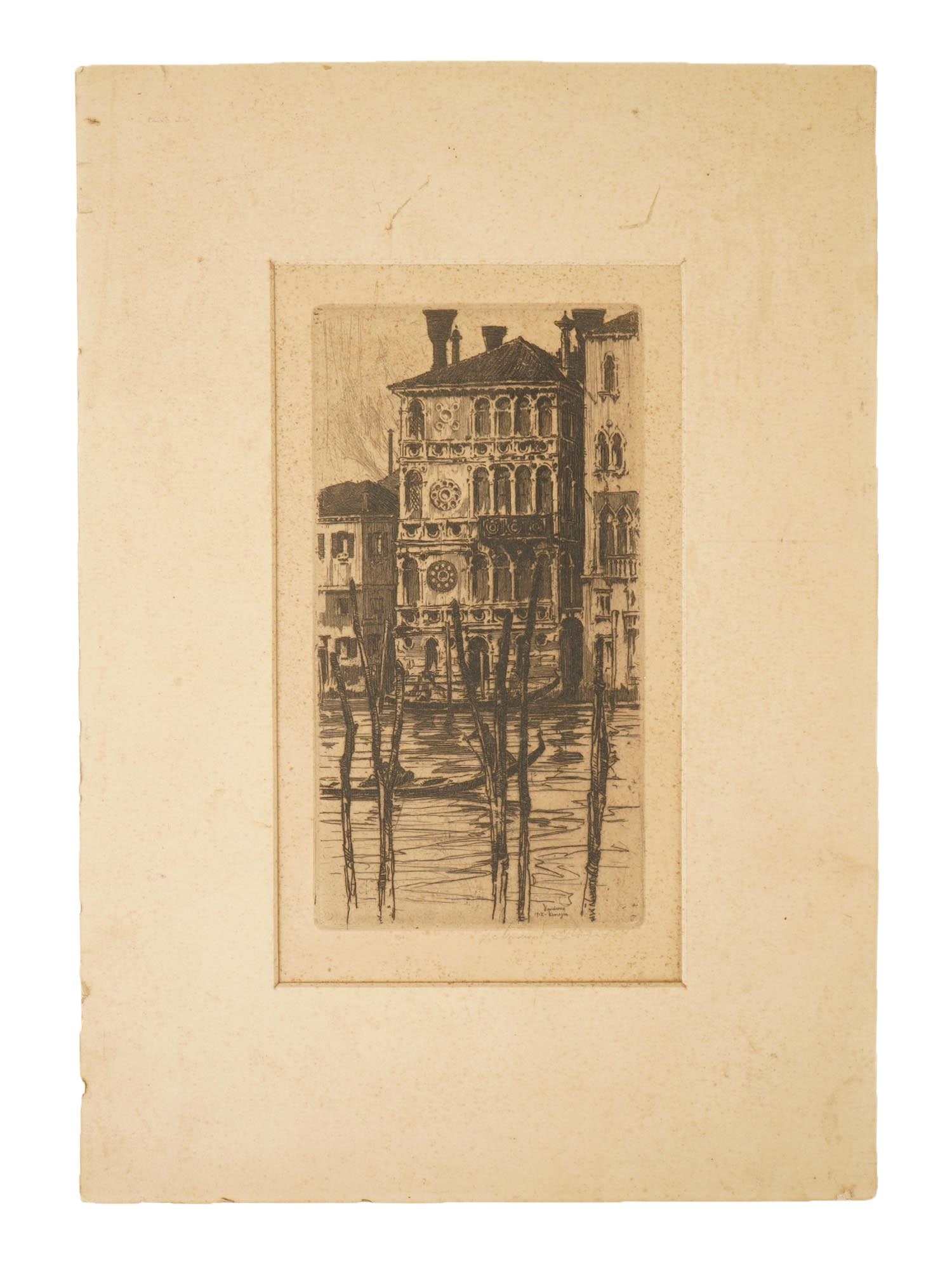 JAN C VONDROUS ANTIQUE ENGRAVING PALAZZO DARIO IN VENICE: An antique engraving depicting the Palazzo Dario in Venice, Italy. Signed Jan Charles Vondrous, 1884 to 1970, a Czech-American engraver. He is the author of drawings of postage stamps of Czechoslovaki