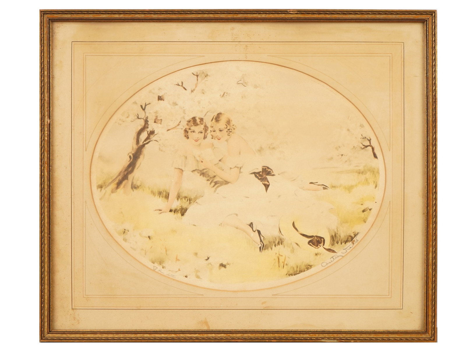 LOUIS ICART FRENCH ART DECO COLOR PRINT WITH LADIES: Louis Justin Laurent Icart, French, 1888 to 1950, oval colored lithograph print on paper depicting an Art Deco scene with ladies in a garden. Signed in pencil lower right and inscribed Love letter low