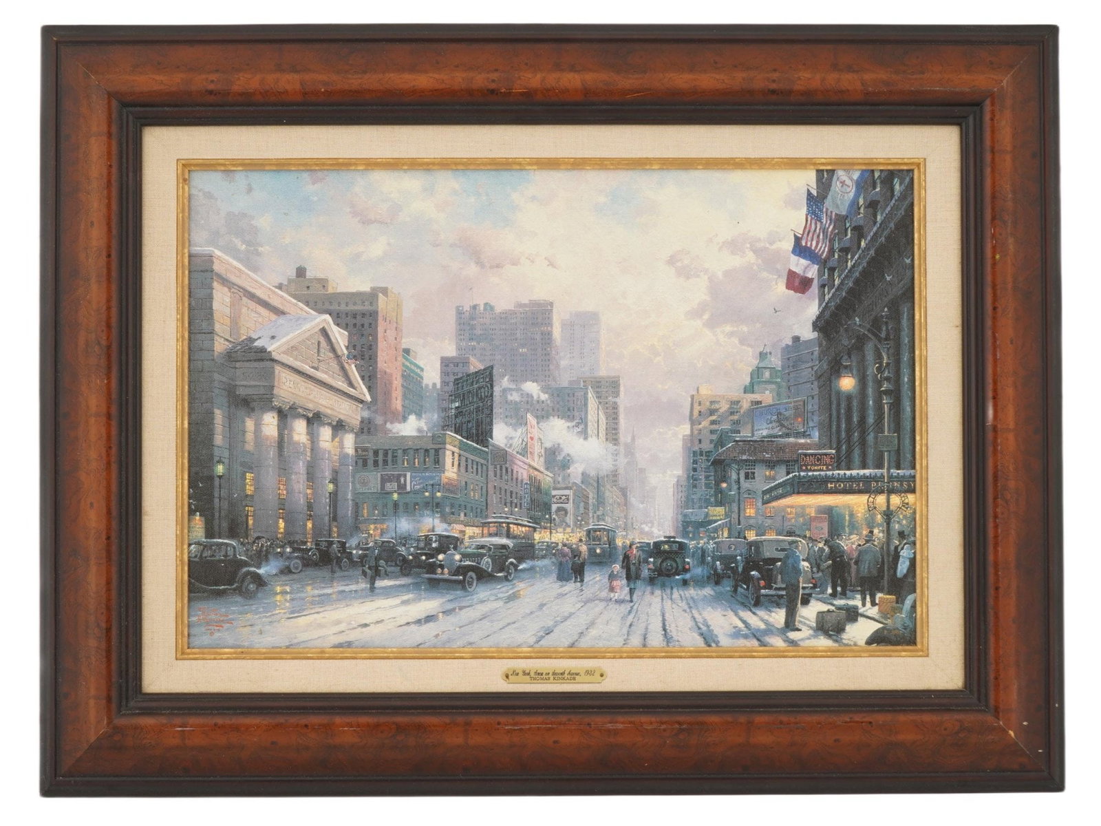 THOMAS KINKADE AMERICAN LTD REPRODUCTION PRINT: Thomas Kinkade, American, 1958 to 2012, a limited edition reproduction print on board of a Thomas Kinkade original oil painting, New York, Snow on Seventh Avenue, 1932. Comes with a certificate of aut