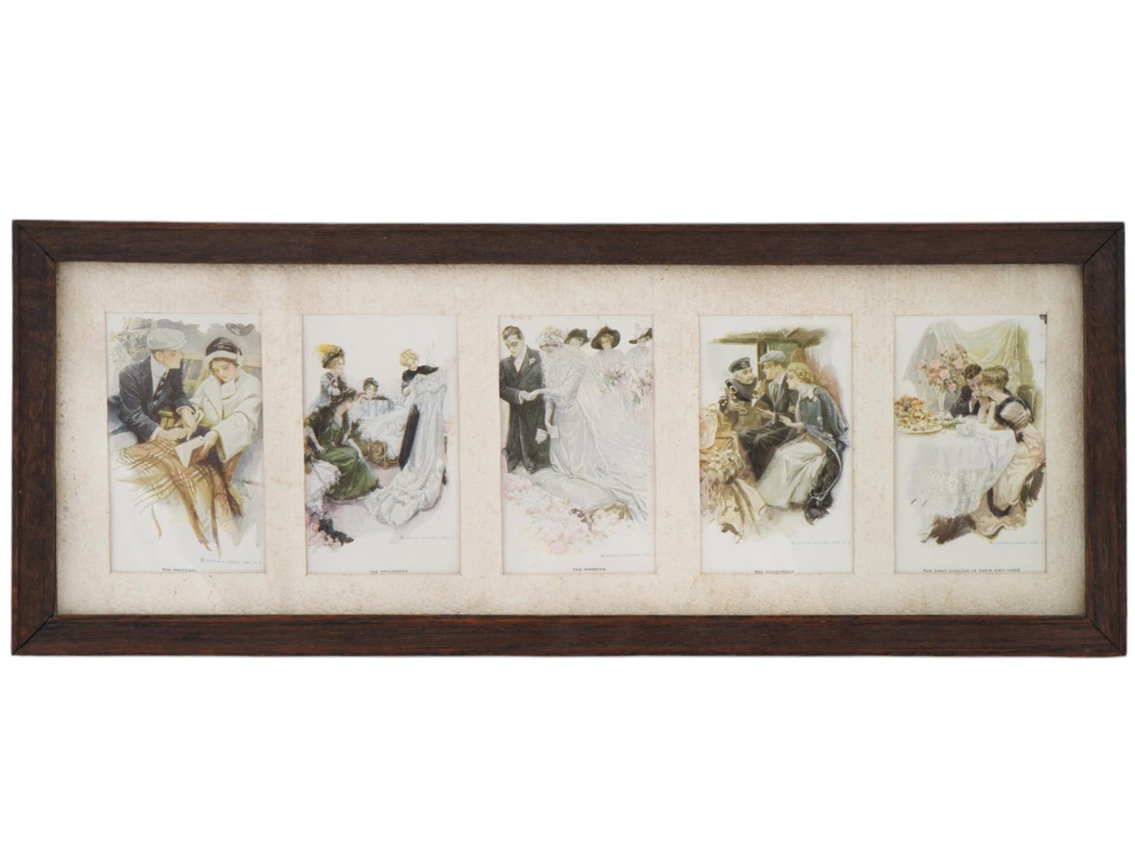 GREATEST MOMENTS IN GIRL LIFE HARRISON FISHER POSTCARDS: A set of five antique postcards titled The Greatest Moments in a Girls Life, painted by renowned American illustrator Harrison Fisher around 1911. Fisher, celebrated as the successor to Charles Dana G