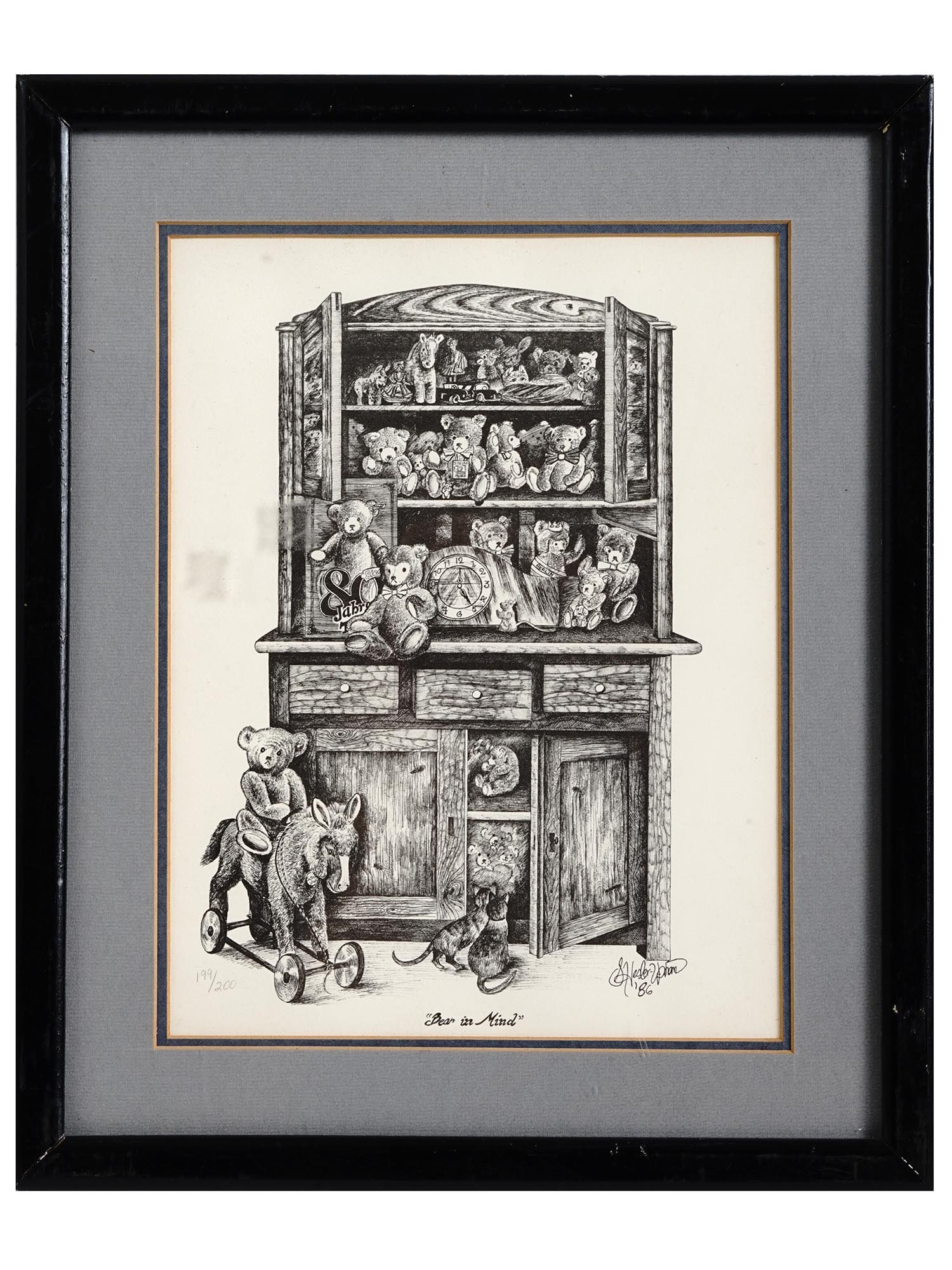 FRAMED GERMAN PRINT BEARS BY SUSANNE HESLER UPHAM: A black and white print by Susanne Hesler-Upham, a late 20th-century German artist. The artwork depicts a cabinet filled with teddy bears and other toys. Titled Bear in Mind on the bottom. Signed by t