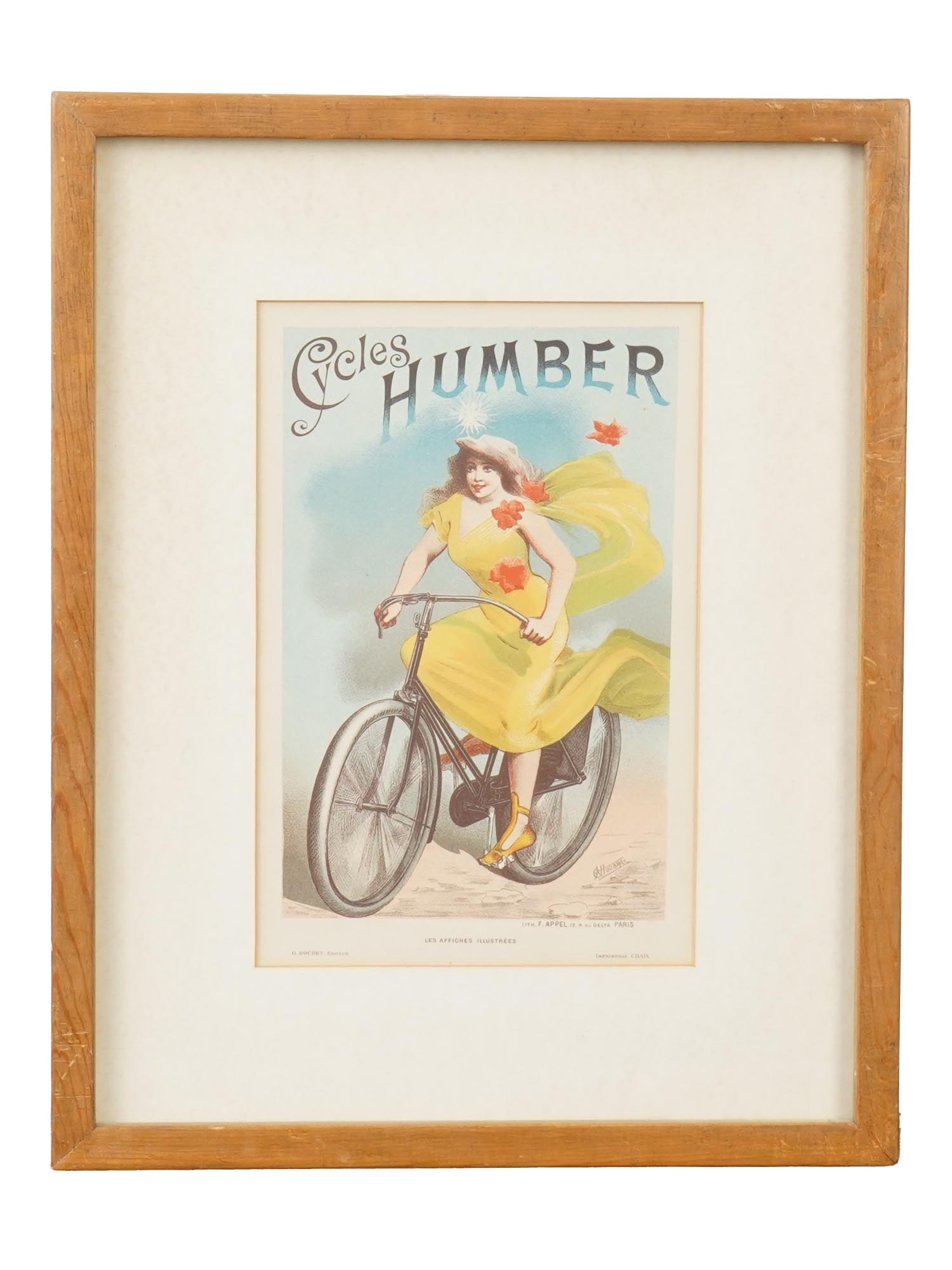 ALFRED CHOUBRAC FRENCH COLOR LITHOGRAPH CYCLES HUMBER: Alfred Choubrac, French, 1853 to 1902, Cycles Humber, a color lithograph, published by Les Affiches Etrangeres, Imprimerie Chaix, Paris, 1896 or 1897, lithographed by F. Appel. Matted and framed. Alfr