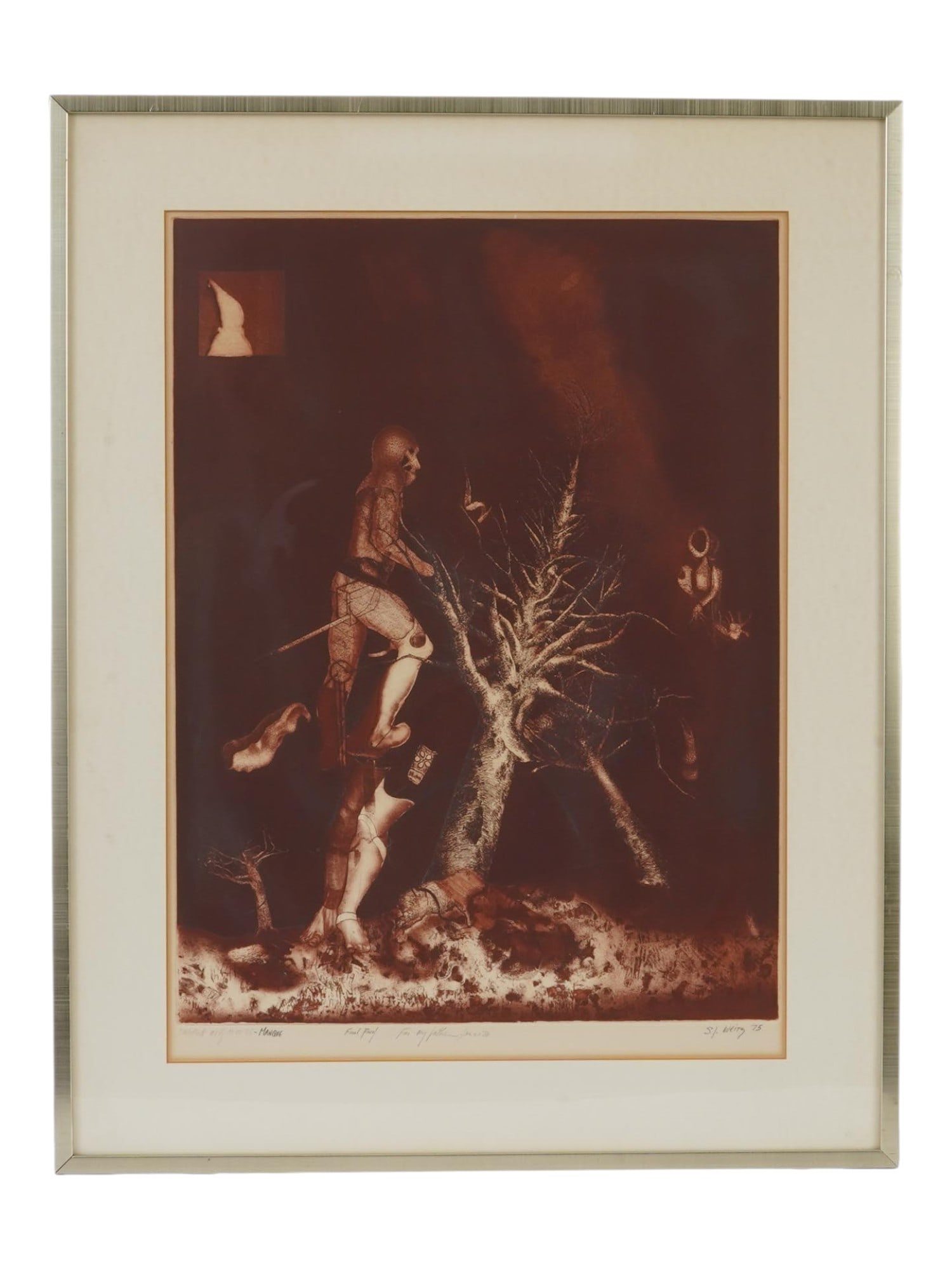STEPHEN WEITZ AMERICAN LIMITED EDITION INTAGLIO PRINT: Stephen J. Weitz, American, born 1953, monochrome intaglio print on paper. The artwork depicts a nocturnal landscape with Surrealist elements, female nude and knight figure. Untitled, dedicated to the