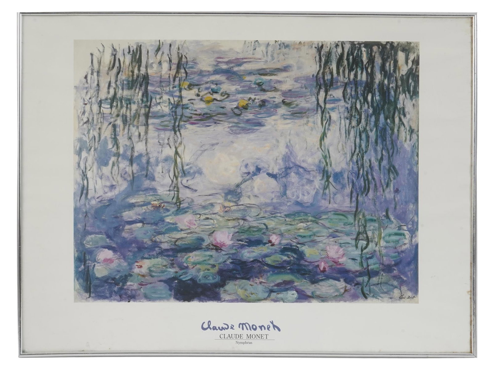 FRAMED WALL PRINT OF WATER LILIES BY CLAUDE MONET: A vintage poster, a reproduction of a 1916 artwork titled Nympheas, or Water Lilies, by Claude Monet, 1840–1926, a French Impressionist artist. The painting belongs to a large series of about 250 wo