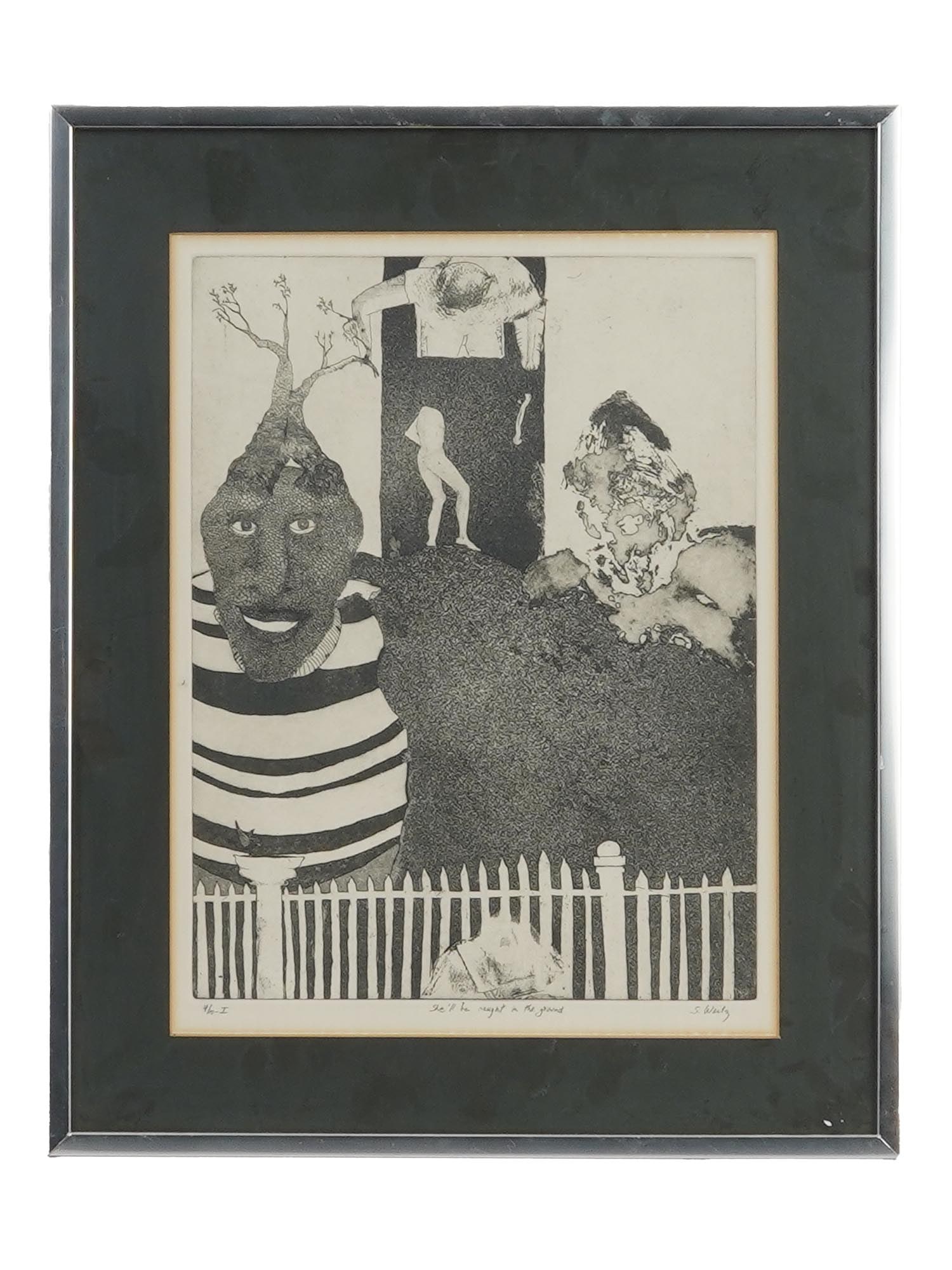 LTD AMERICAN INTAGLIO PRINT BY STEPHEN J WEITZ SIGNED: Stephen J. Weitz, American, born 1953, a limited edition intaglio print on paper, She Will Be Caught in The Ground. Signed in pencil, lower right. Titled in pencil, lower to the center. Numbered 4 of 