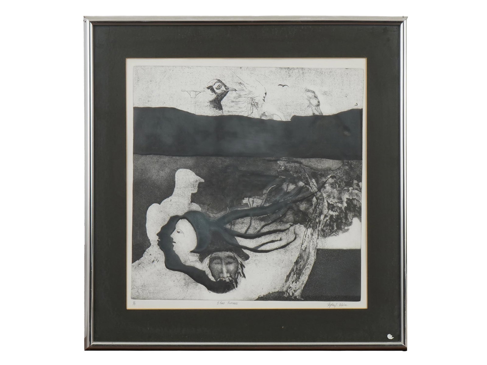 STEPHEN WEITZ AMERICAN LIMITED EDITION INTAGLIO PRINT: Stephen J. Weitz, American, born 1953, monochrome intaglio print on paper. The artwork depicts an abstract landscape with human figures and birds. Titled B. Bird Feather in the bottom middle. Signed i