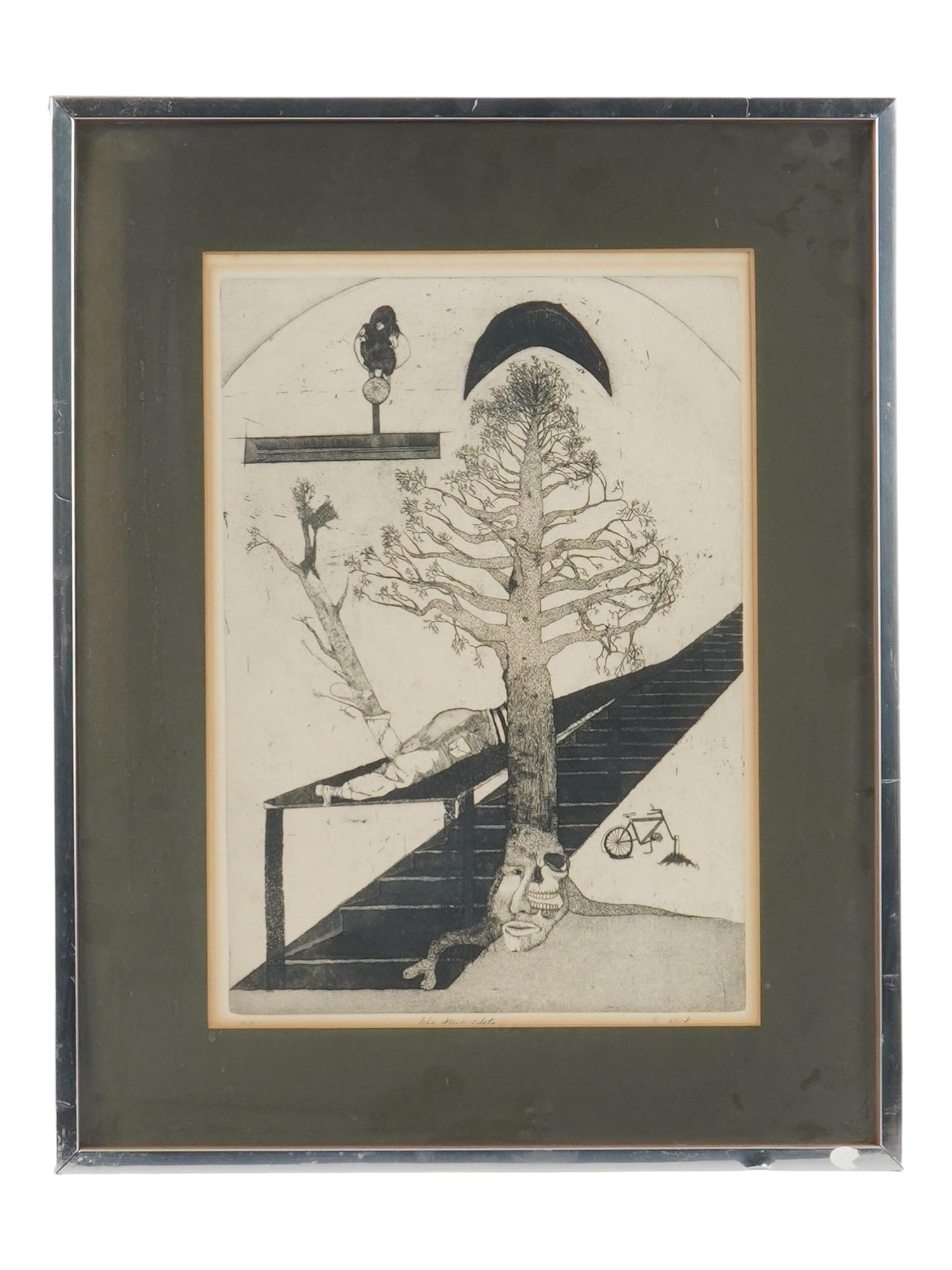 LTD AMERICAN INTAGLIO PRINT BY STEPHEN J WEITZ SIGNED: Stephen J. Weitz, American, born 1953, a limited edition intaglio print on paper depicting a Surreal scene. Signed in pencil, lower right. Titled in pencil, lower to the center. Numbered, Artist Proof