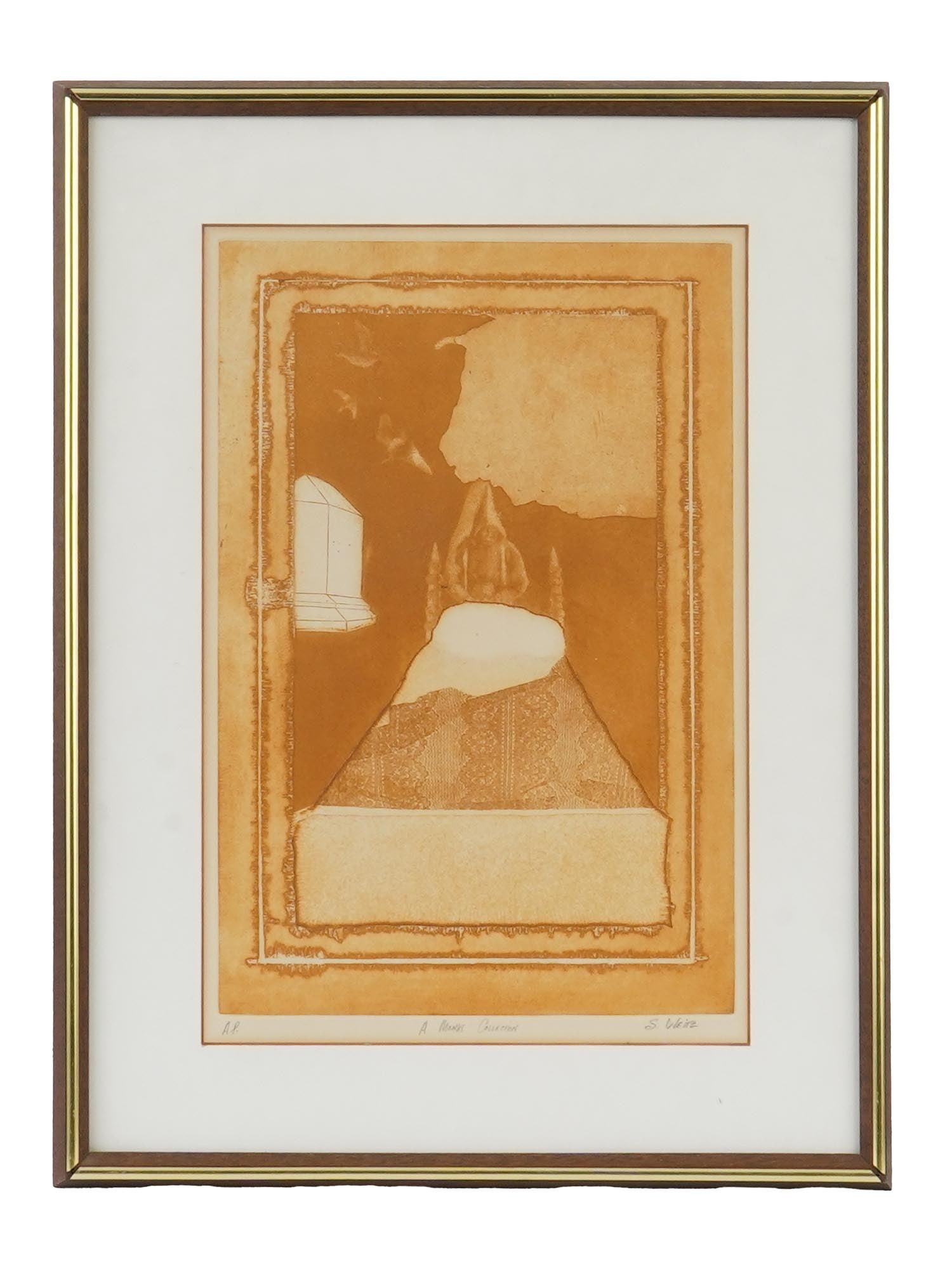 STEPHEN WEITZ AMERICAN ARTIST PROOF INTAGLIO PRINT: Stephen J. Weitz, American, born 1953, monochrome intaglio print on paper. The artwork depicts an abstract interior scene with a monk. Titled A Monks Collection in the bottom middle. Signed in pencil 