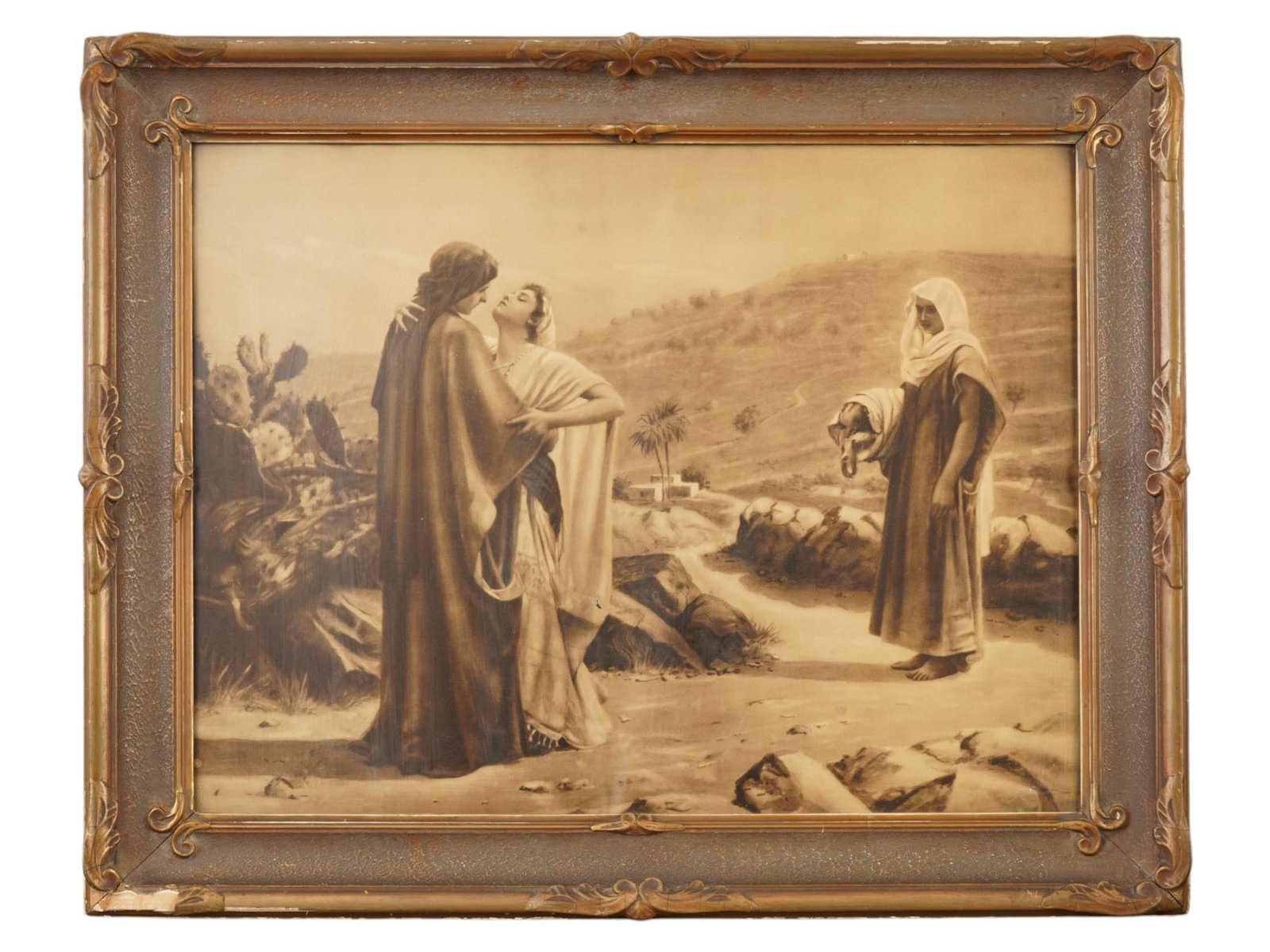 ANTIQUE PRINT AFTER PHILIP CALDERON RUTH AND NAOMI: An antique print after Ruth and Naomi by Philip Hermogenes Calderon, originally exhibited at the Royal Academy in 1886. The composition illustrates the biblical scene from the Book of Ruth, with Ruth 