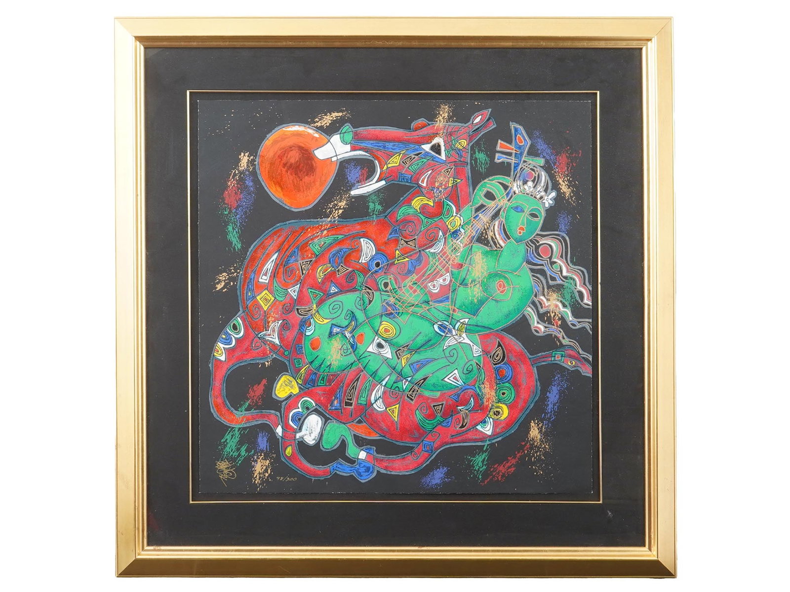 CHINESE COLOR LITHOGRAPH SIGNED TIEFENG JIANG: A color lithograph on paper, limited edition signed Tiefeng Jiang Chinese, from the series East and West Freedom Suite. Numbered 98 of 300. Matted and framed. Depicting a composition with a green figu