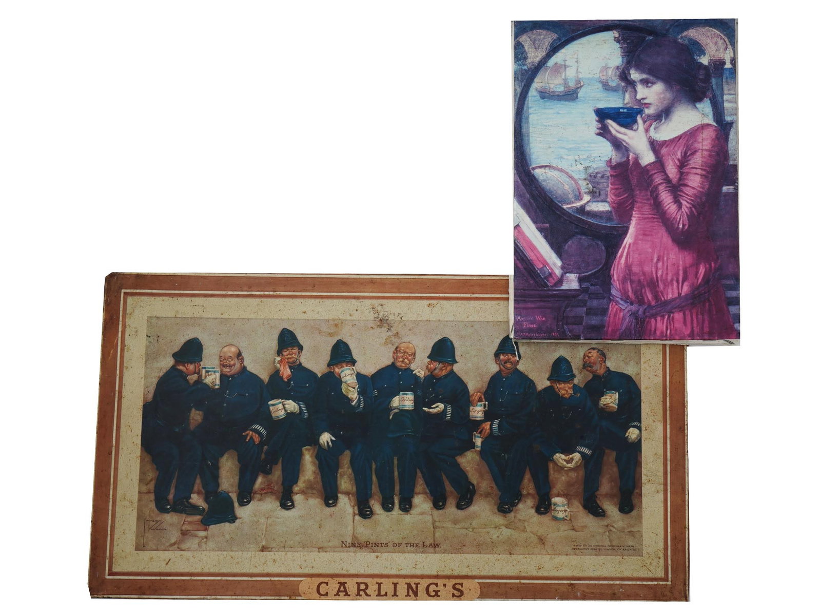 VINTAGE METAL CARLING AND CANVAS WATERHOUSE PRINTS: A lot of two vintage prints. The first print on a metal plate covered with a board at the back and stamped. The front side featuring the brewery name Carlings below the picture. The advertisement uses