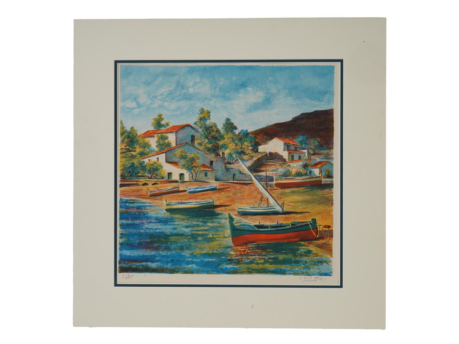 LTD SPANISH LITHOGRAPH BY EDUARDO VIAL HUGAS SIGNED: Eduardo Vial Hugas, Spanish, 1910 to 1999, a limited edition color lithograph on paper depicting a coastal view with boats. Signed in pencil, lower right. Numbered in pencil, 108 of 260, lower left. M