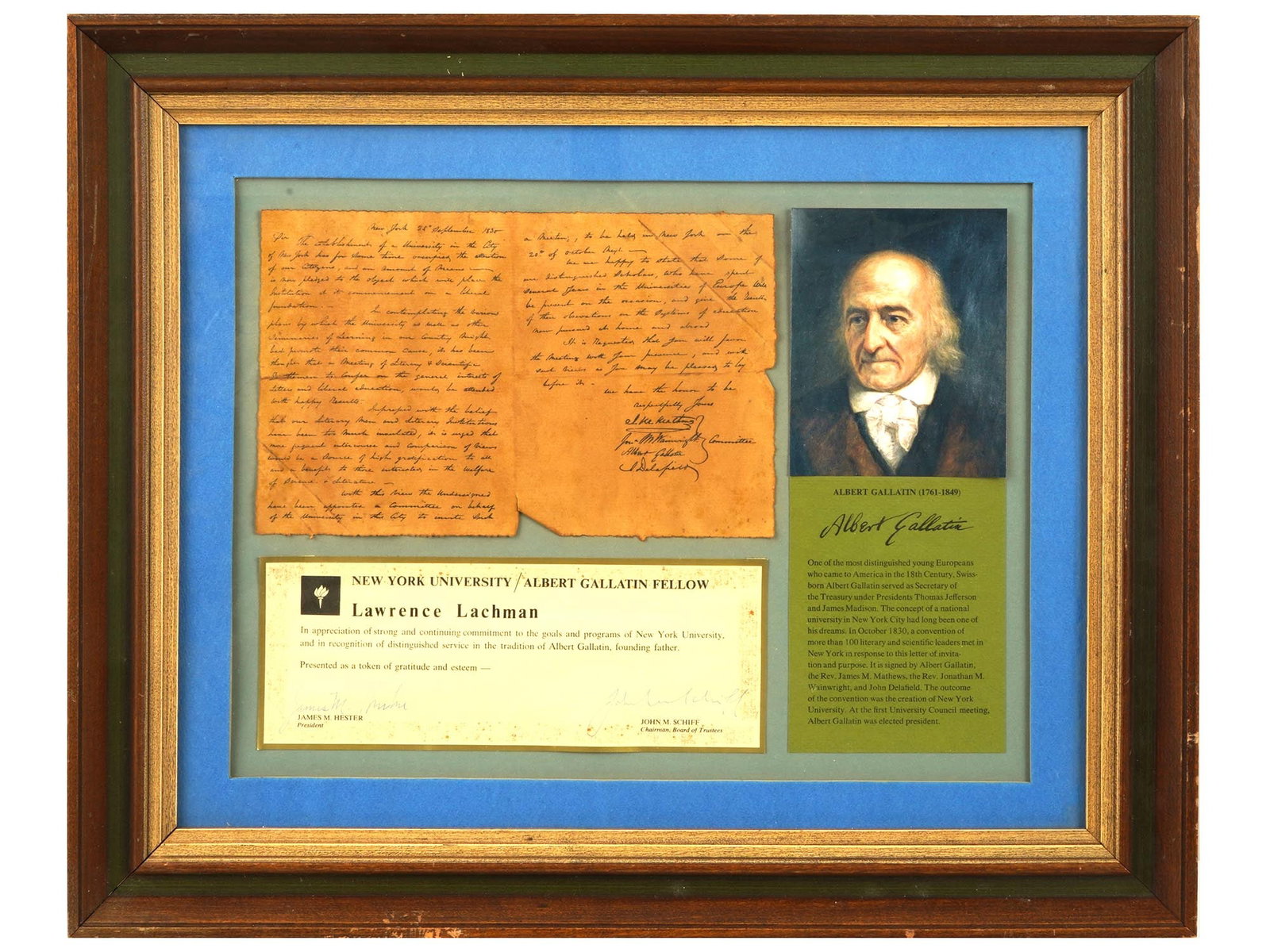NY UNIVERSITY A GALLATIN FELLOW AWARD F L LACHMAN: A vintage New York University Albert Gallatin Fellow award certificate for Lawrence Lachman. Includes a copy of the letter inviting the establishment of New York University, signed by Albert Gallatin 
