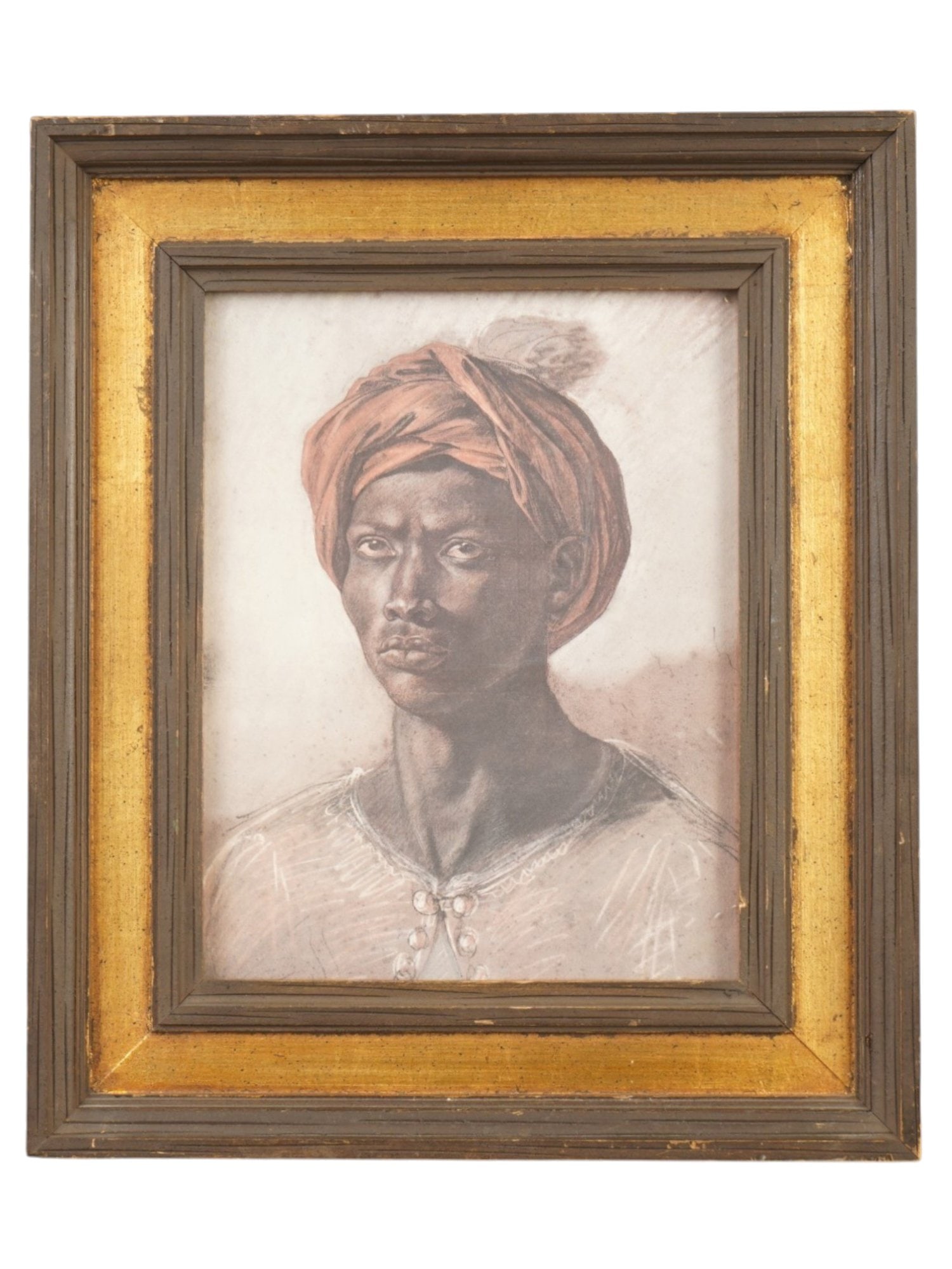 OFFSET LITHOGRAPH AFTER DELACROIX MALE PORTRAIT: Color offset lithograph on paper. After the 1826 pastel painting titled Bust of a Black Man Wearing a Turban by Eugene Delacroix, 1798 to 1863, a French artist who was regarded as the leader of the