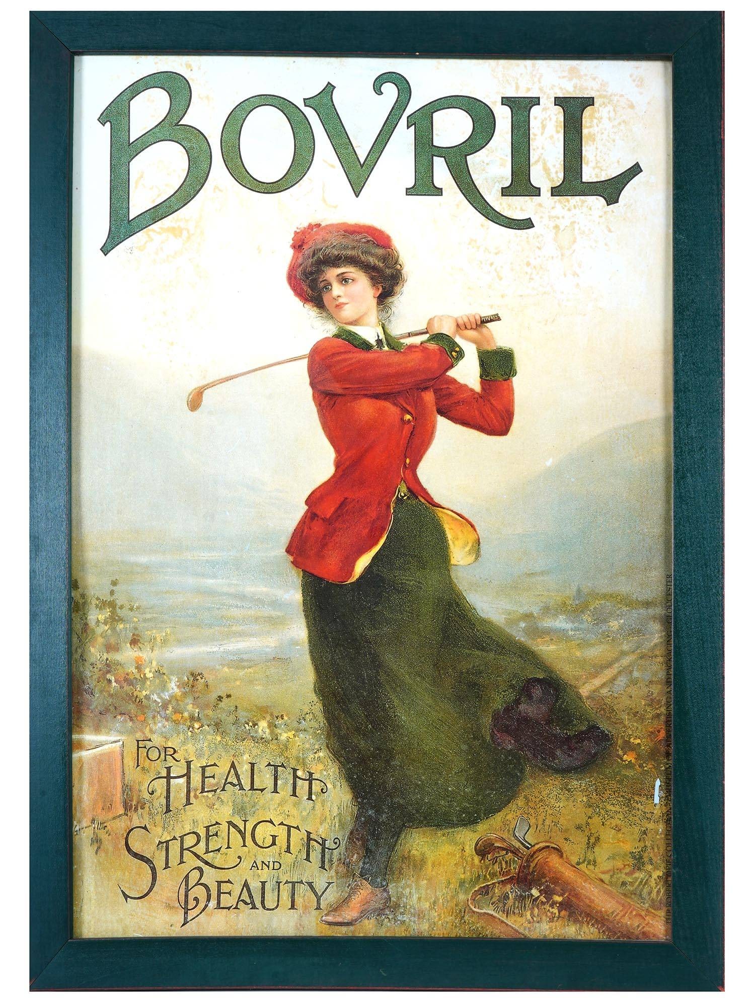 LARGE ENGLISH BOVRIL WOMAN PLAYING GOLF PRINT: A large vintage English print of an original antique English advertising poster of Bovril. The print depicts a sporty woman playing golf. Inscription Bovril For Health, Strength, and Beauty. Bovril is