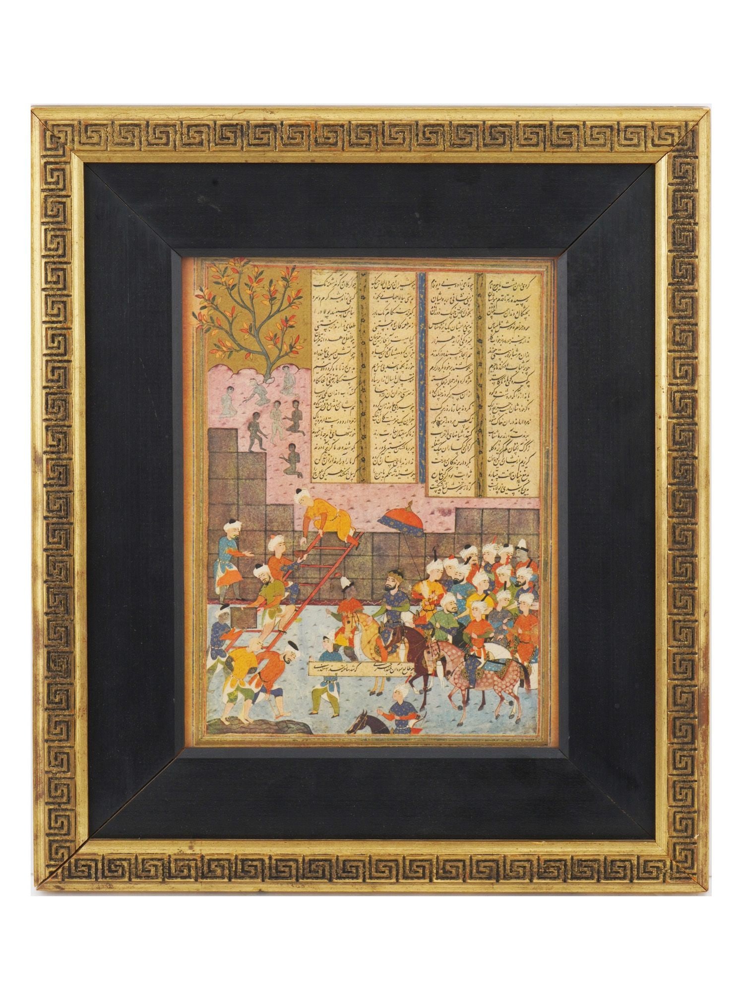 INDO PERSIAN MUGHAL MINIATURE PRINT W MANUSCRIPT: A color print on paper depicting an Indo Persian Mughal Art miniature with a Royal court scene in bold colors. Calligraphic text in the upper part and lower to the center. Framed. Rudolf Lesch Fine Ar