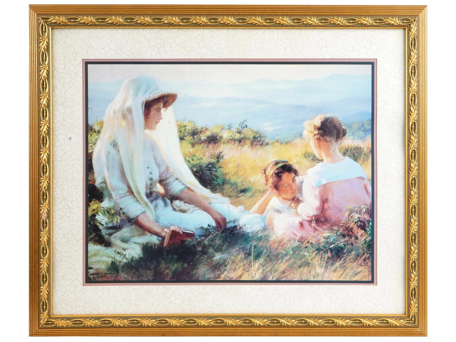 VTG AMERICAN PRINT AFTER PAINTING BY CHARLES CURRAN: A vintage American print after the painting by Charles Courtney Curran, 1861 to 1942. This particular print captures the essence of his signature style, featuring women gracefully seated in a serene g