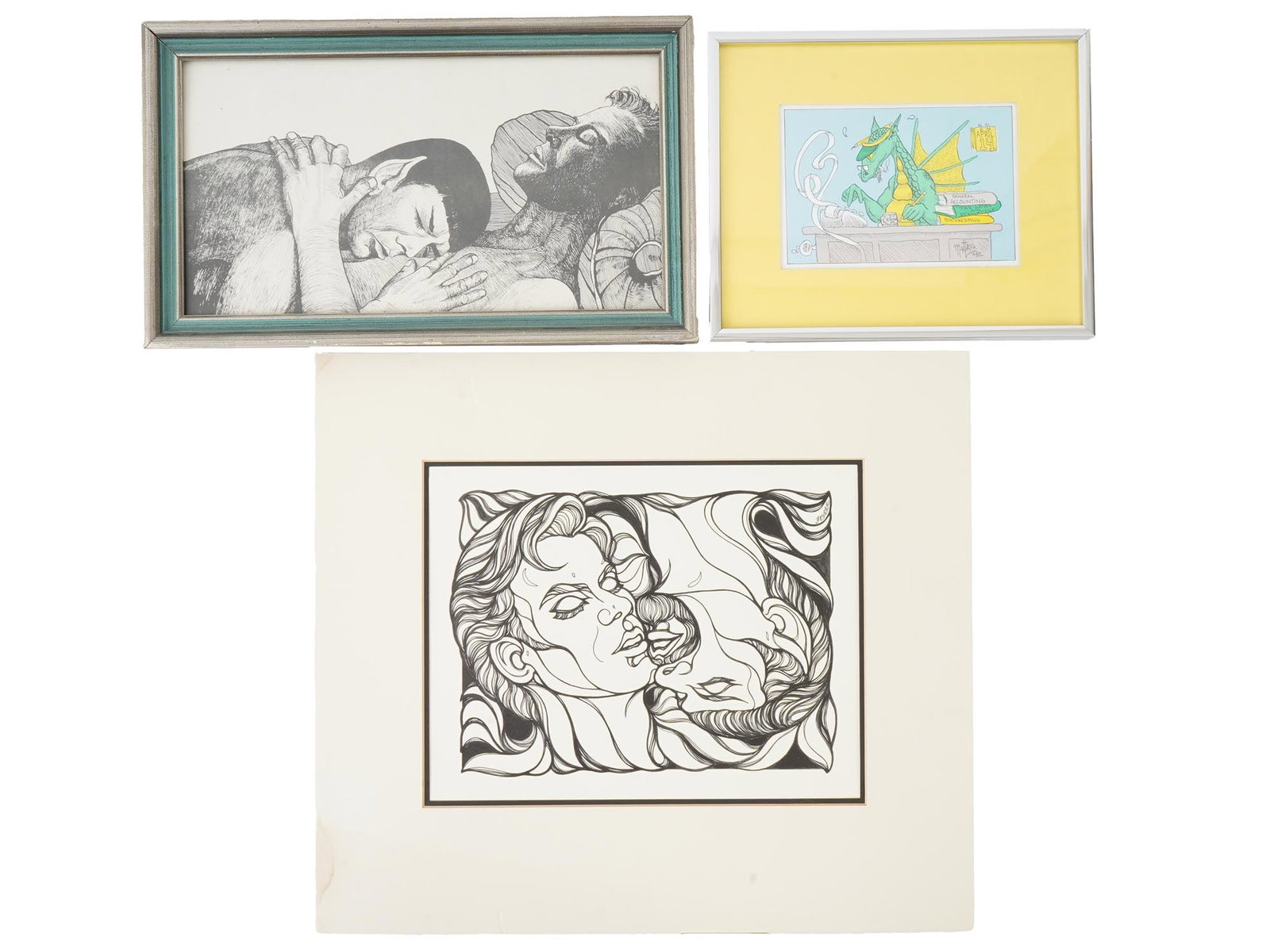 LOT OF ILLUSTRATIONS PAINTINGS AND PRINT SIGNED: A lot of two paintings and one print. The lot includes an ink painting on paper, a cover magazine illustration, Mirrors of Mind and Flesh, by Gayle Feyrer. An ink painting on paper depicting a double 