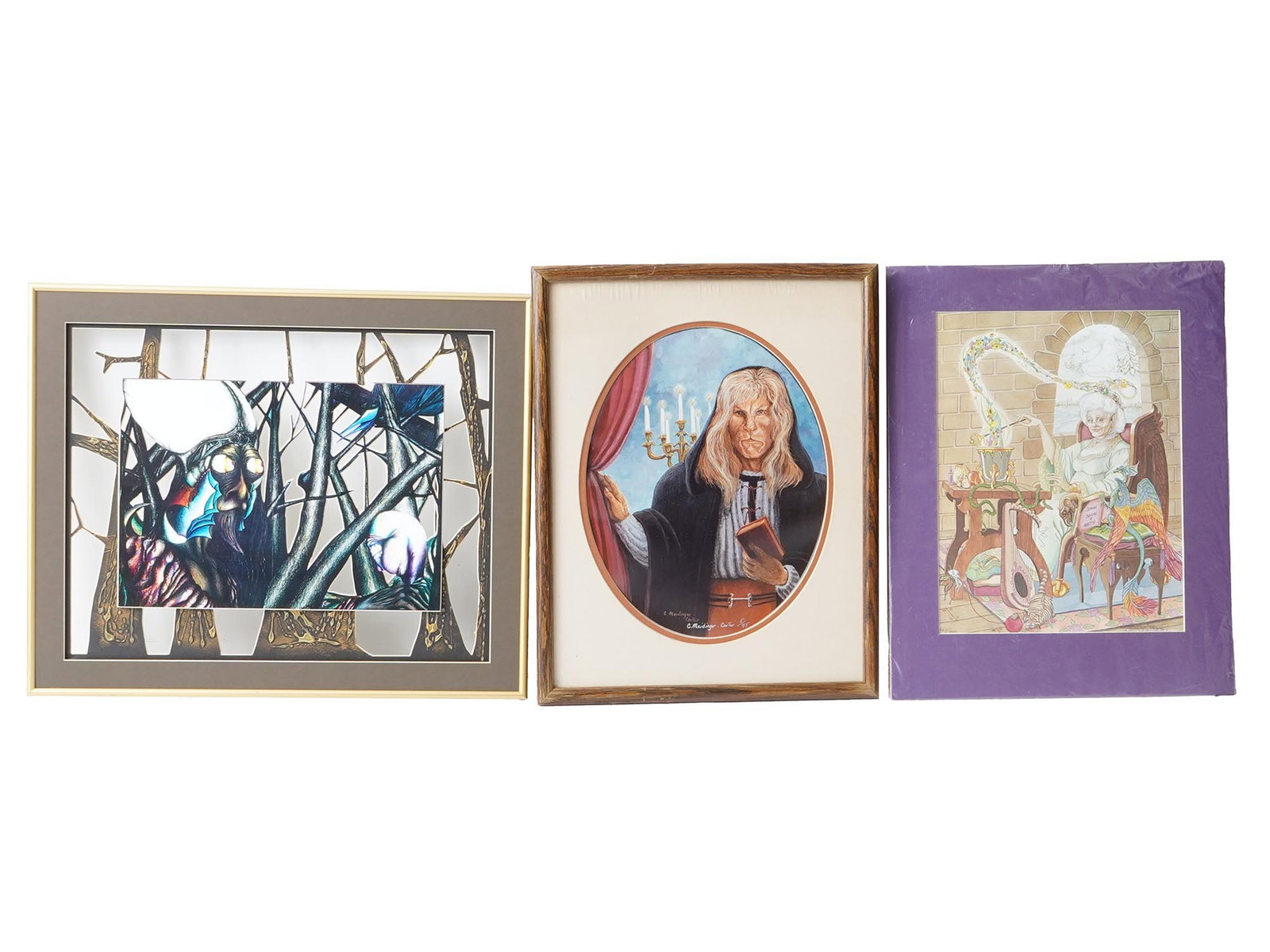 LOT OF THREE VINTAGE FANTASY SIGNED PRINTS: A lot of three vintage fantasy signed prints. The lot contains a limited edition 5 of 75 print by C. Meidinger Carter with the image of a human-like lion with a book in its paw. Matted and framed. The