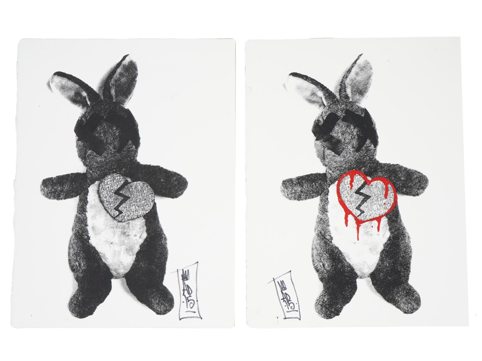 ADAM DARE AMERICAN BROKEN HEART BUNNY SILKSCREENS: A pair of silkscreen prints on paper by Adam Dare, a contemporary American street artist based in Brooklyn, NYC. The artworks represents Dares iconic Broken Heart Bunnies. Both prints are signed by