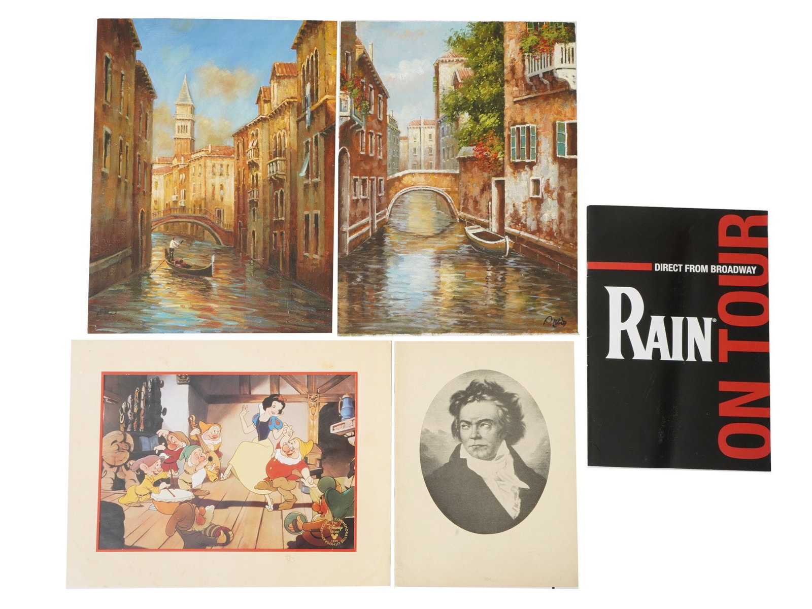 ASSORTED VINTAGE ITEMS OIL PAINTINGS LITHOGRAPH PRINT: A lot of five assorted vintage items, including two oil on canvas paintings of Venice, a lithograph, a print, and a booklet. The lot contains a Disney lithograph with Snow White from 1994, a print of 