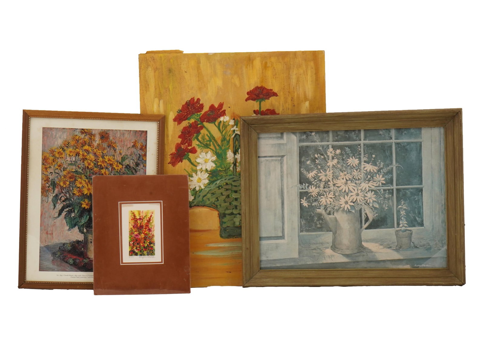 OIL ON CANVAS STILL LIFE PAINTING AND THREE PRINTS: A lot of four vintage items, an oil on canvas painting and three prints. All items are still lifes depicting flowers. The oil on canvas painting depicts red and white flowers in a basket. An illegible