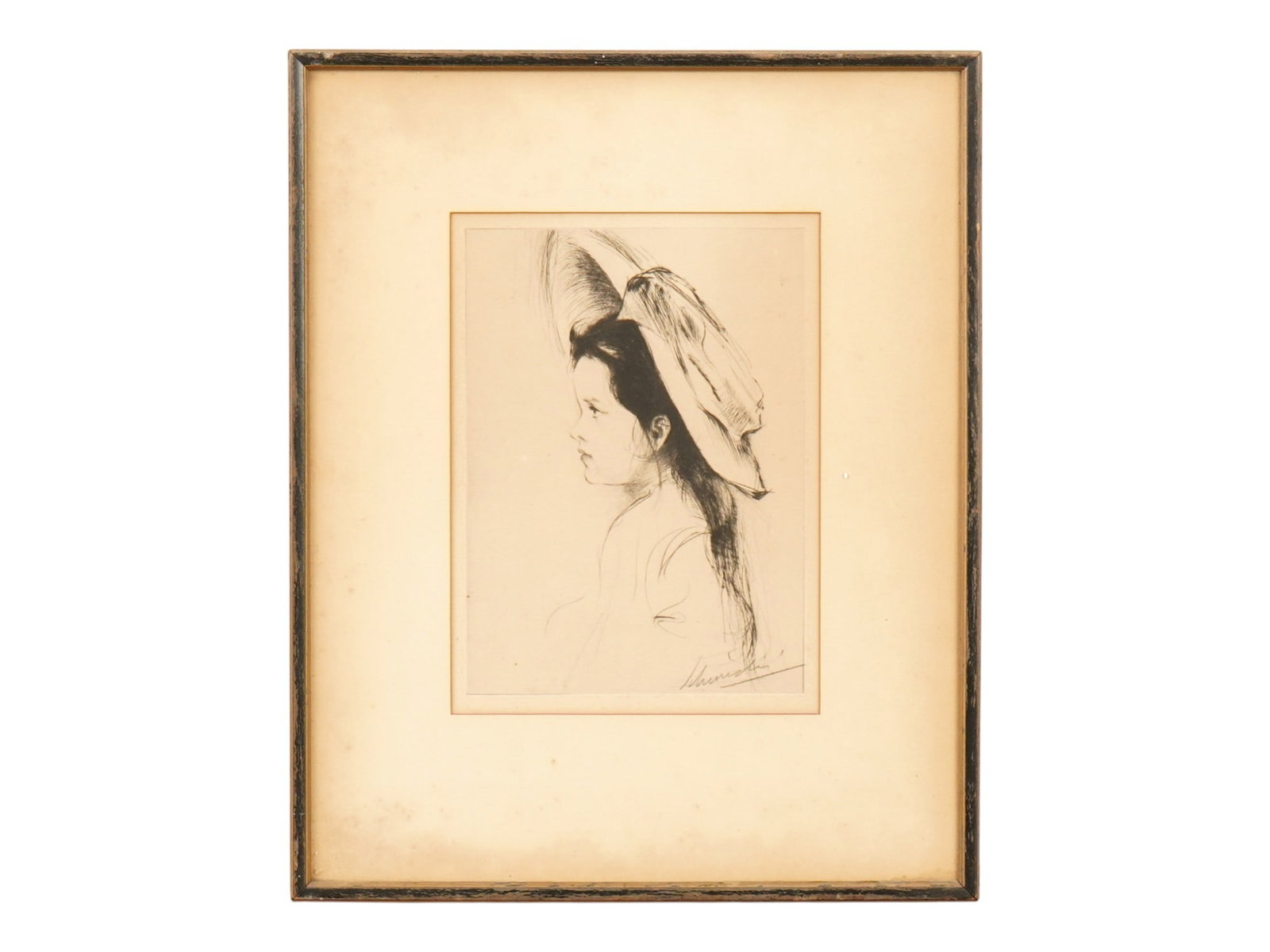 EARLY 20TH C PORTRAIT OF A CHILD ETCHING SIGNED: Etching on paper. Profile portrait of a girl in hat. Signed in pencil in the lower right. Dating back to 1910s to 1930s. Matted and framed. Albert Roullier Art Galleries Chicago label on the backside.