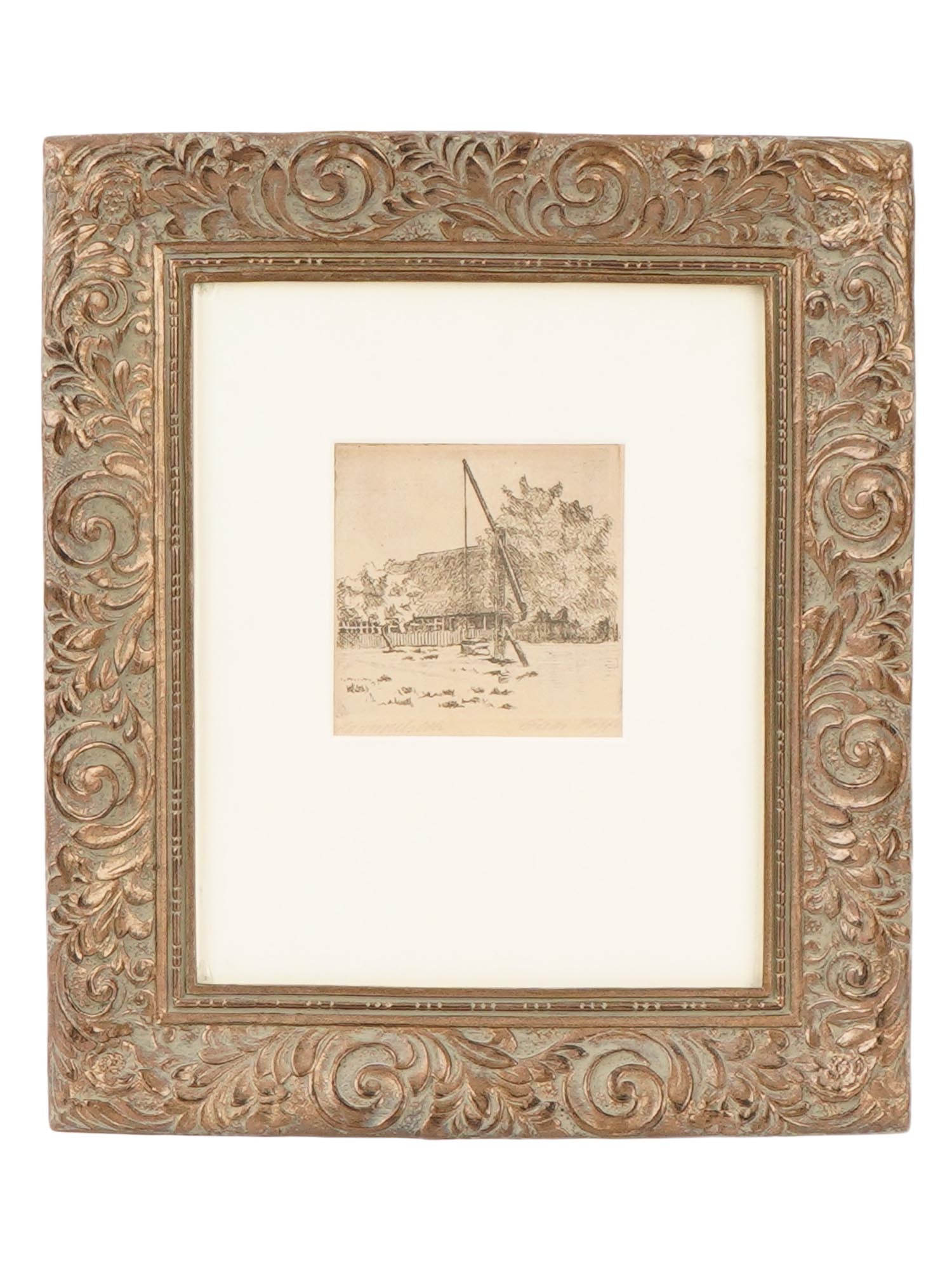 ANTIQUE EUROPEAN ETCHING OF A RURAL LANDSCAPE SIGNED: An antique European etching depicting a rural landscape, titled at the lower left and signed illegibly by the artist at the lower right. Dating to the 19th century. Matted and framed for display. Prov