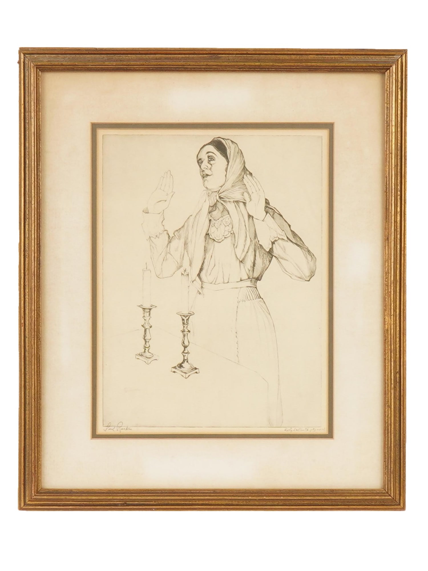 SAUL RASKIN AMERICAN JUDAICA FEMALE PORTRAIT ETCHING: Saul Raskin, American, 1878 to 1966, etching on paper. Portrait of a woman in prayer. Signed in the lower left. Titled Holy Sabbath in English and Hebrew in the lower right. Undated. Matted and framed