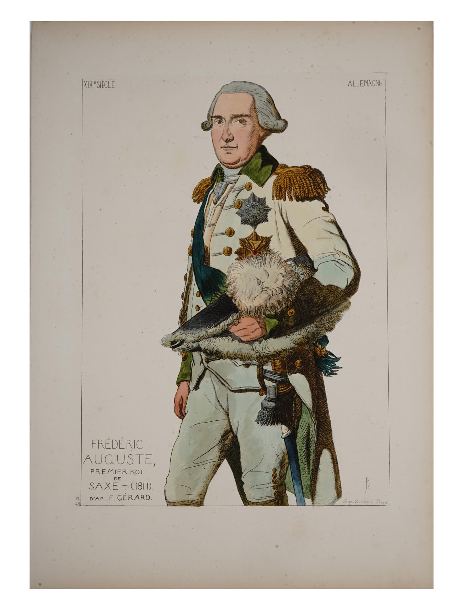 ANTIQUE FREDERICK AUGUSTUS I ETCHING BY JACQUEMIN: An antique hand colored etching portrait of Frederick Augustus I and III, Elector and King of Saxony and Grand Duke of Warsaw after Baron Francois Gerard, Neoclassical painter best known for his portr