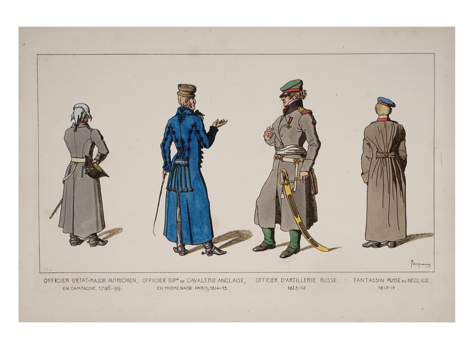 ANTIQUE COLORED MILITARY ETCHING BY JACQUEMIN: A antique hand colored military etching depicting costumes of officers in Europe. Printed on image: Officier DEtat Major Autrichien en Campagne 1796-99; Officier Supr. de Cavalerie Anglaise, en Promen