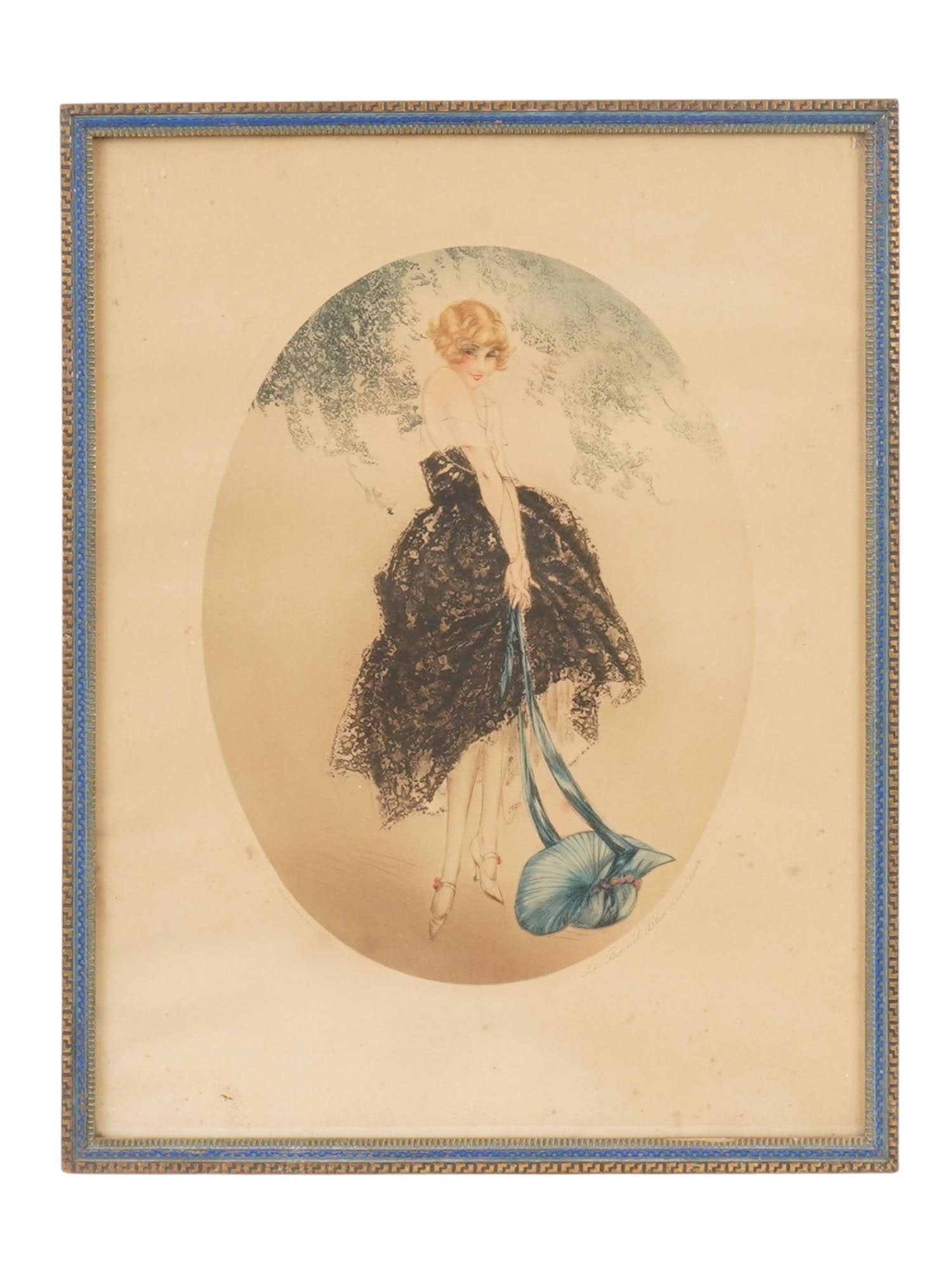 ART DECO FRENCH COLOR ETCHING BY LOUIS ICART: Louis Justin Laurent Icart, French, 1888 to 1950, oval colored etching on paper depicting an Art Deco scene with a lady in dress. Titled Le Bonnet Bleu, by Louis Icart, lower right. Framed. Circa: 20t
