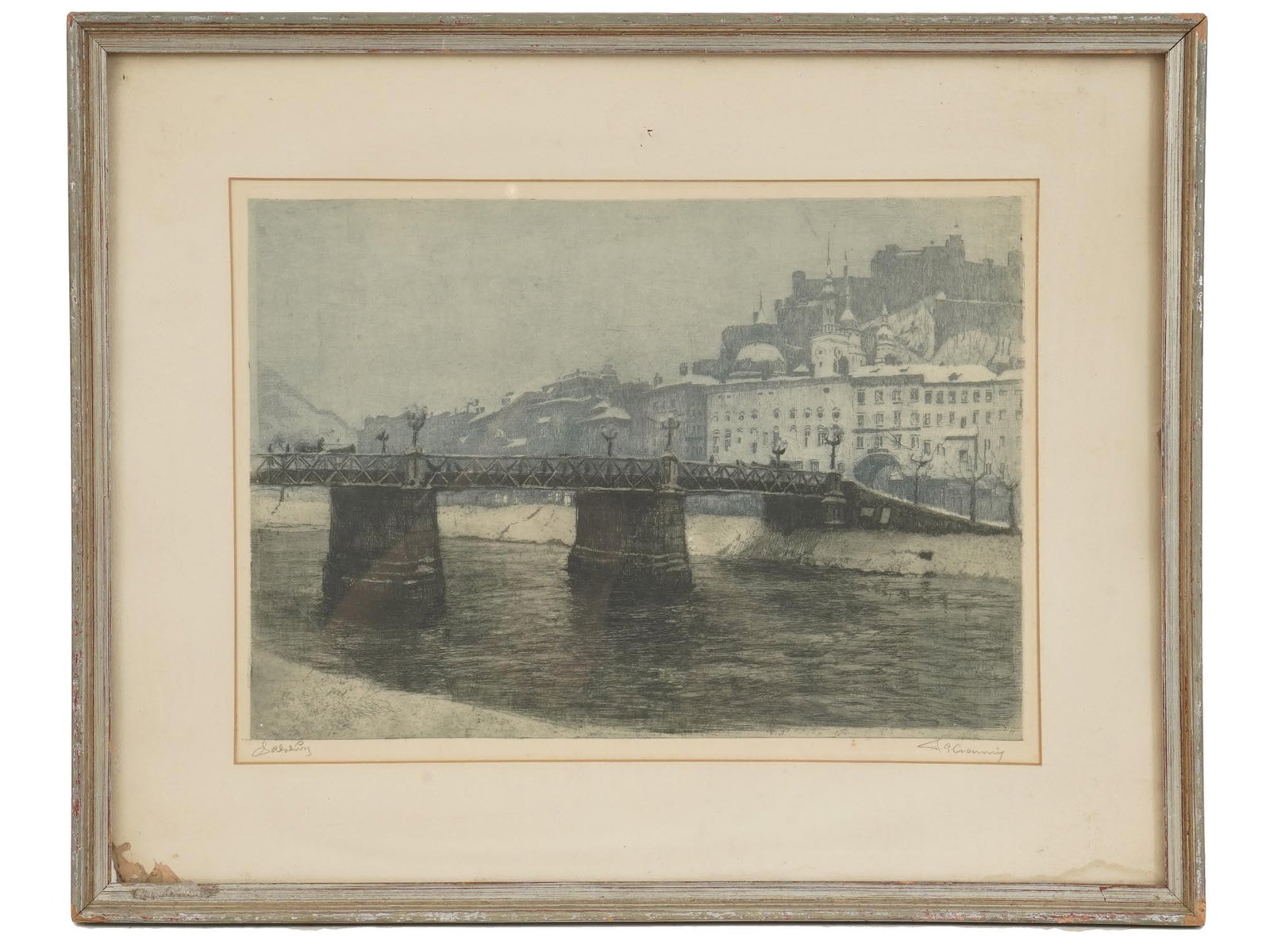 ANTIQUE COLOR ETCHING OF SALZBURG SIGNED CROWNING: An antique color etching on paper depicting a view to the bridge in Salzburg, Austria in winter. Signed in pencil T. S. Crowning lower right, entitled lower left. Circa the early 20th century. Matted 