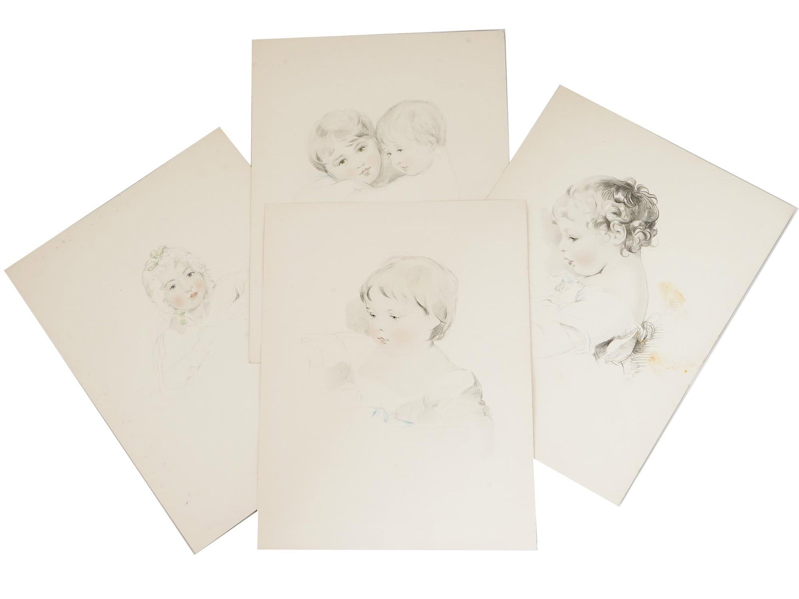 ANTIQUE ENGLISH THOMAS LAWRENCE PORTRAIT ETCHINGS: A lot of four antique English Thomas Lawrence,1769 ?? 1830 etchings on paper. All the artworks depict tender delicate portraits of small children. One of the artworks dates back to 1800. Graphic Art P