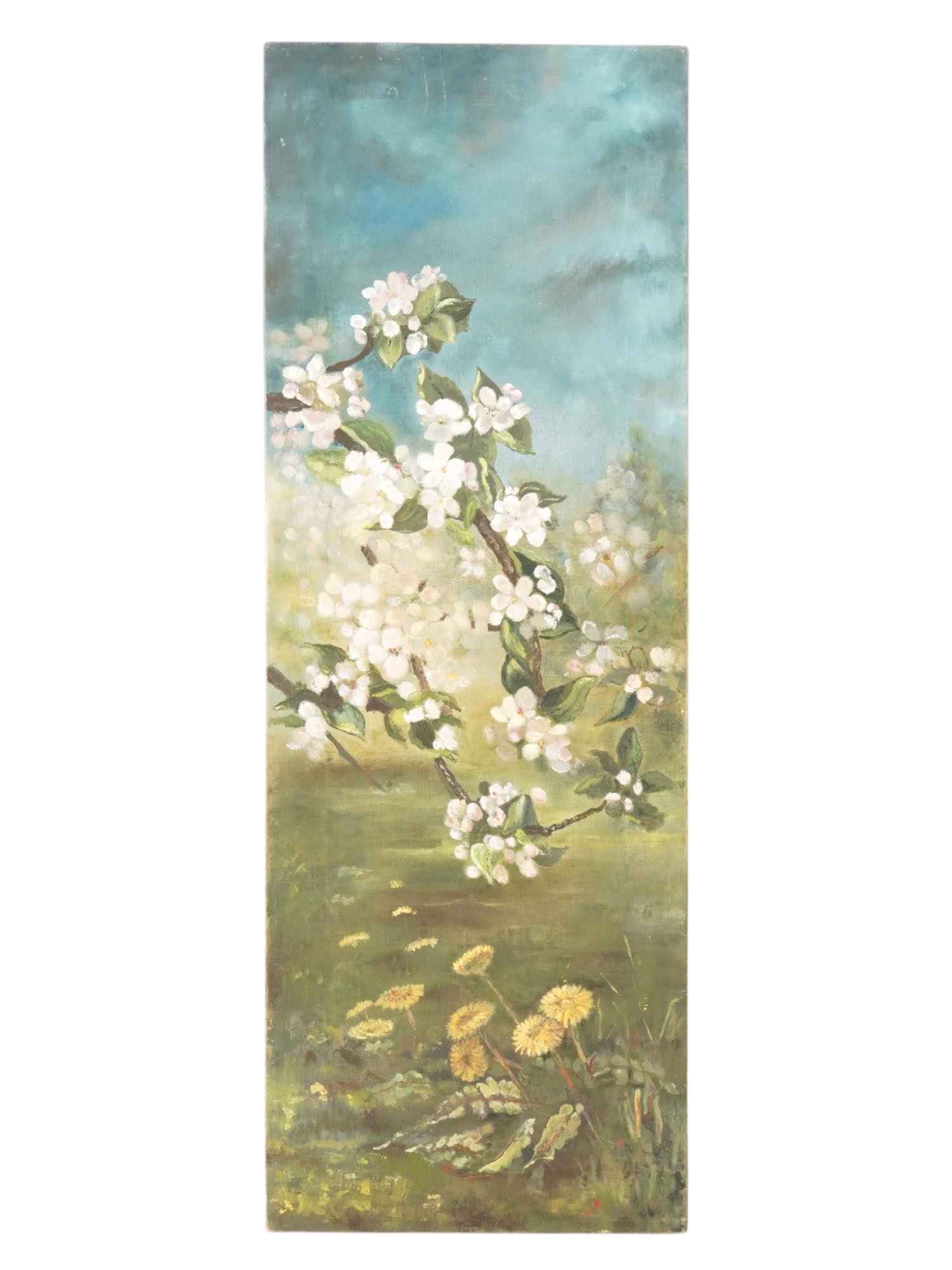 VINTAGE AMERICAN SCHOOL FLORAL OIL PAINTING: Oil on canvas painting. American, mid to late 20th century. A view of a blooming apple tree. Unsigned. Framed. Collectible Fine Art And Wall Decor. THIS LOT IS ELIGIBLE FOR A 30-DAY UNCONDITIONAL RETU