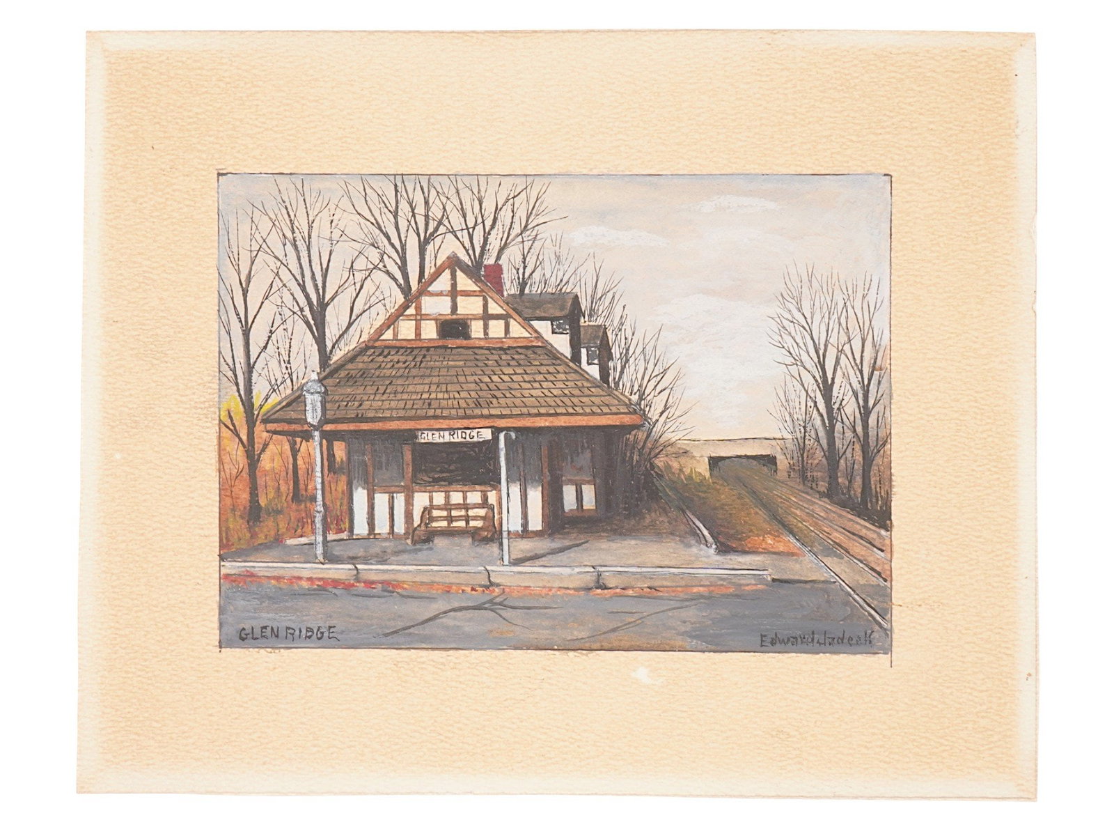 EDWARD JADEEK AMERICAN WATERCOLOR PAINTING GLENRIDGE: Edward Jadeek, American, 20th century, Glenridge, 1981, a watercolor painting on paper depicting a tranquil railway station scene. Signed lower right Edward Jadeek and titled lower left Glenridge. Ins