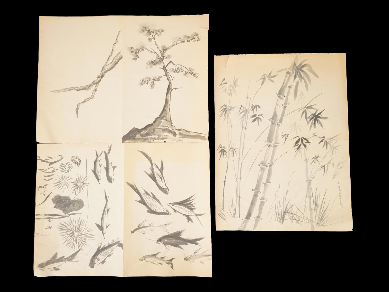 LOT OF AMERICAN INK PAINTINGS BY JOAN ELSO MASLEY: Joan Elso Masley, a Contemporary American artist, a collection of three ink paintings on paper depicting bamboo trees, a tree, branches, and fish. One is inscribed. Joan Elso Masley is a Contemporary 