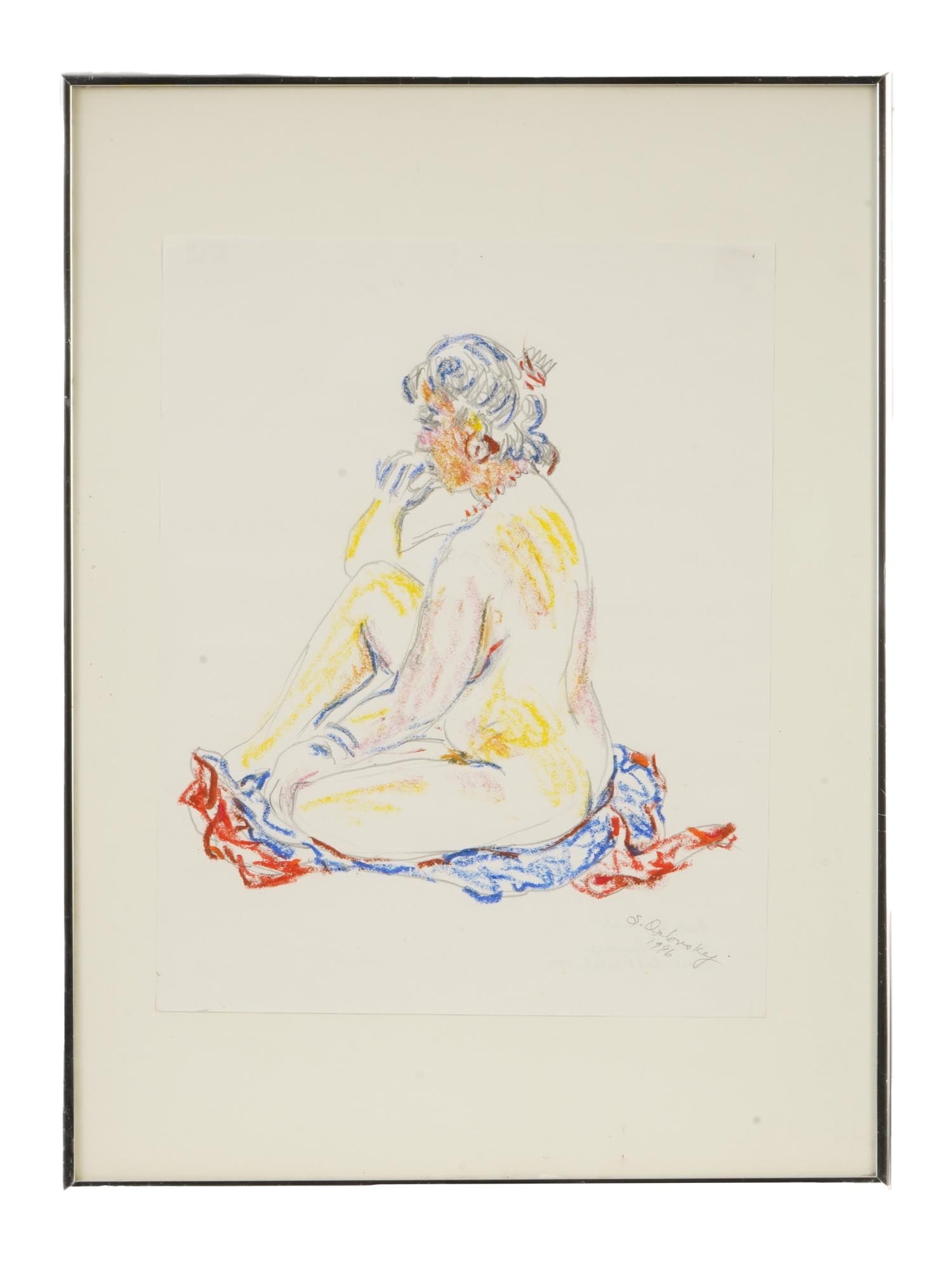 SANDRA ORLOVSKY AMERICAN PAINTING NUDE IN JEWELS 1996: Sandra Orlovsky Schwartz, American, 1938 to 2023, an oil pastel and pencil drawing on paper depicting a seated female figure, titled Nude in Jewels, 1996. Signed and dated lower right. Framed. Sandra 