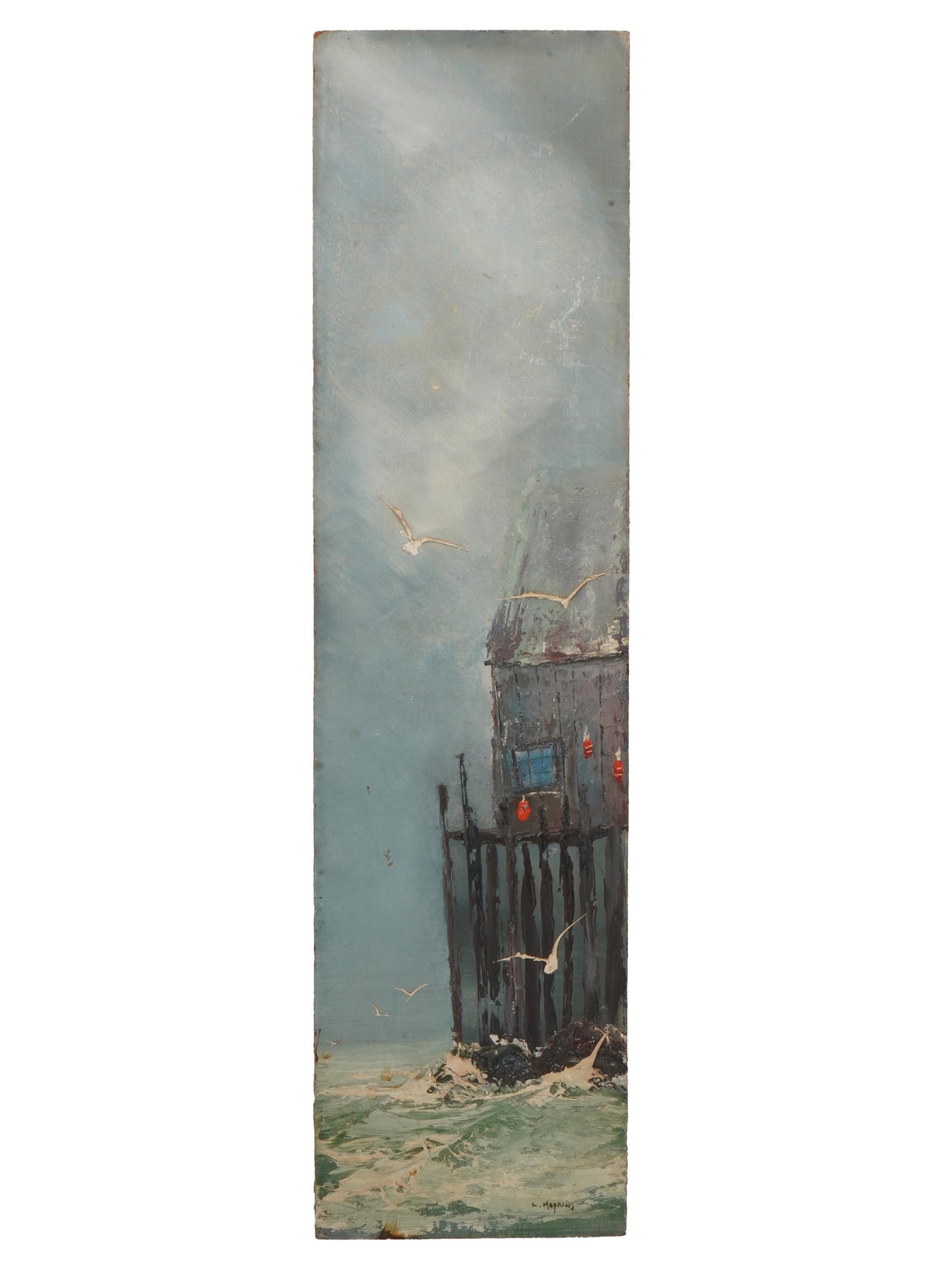 MID CENTURY VERTICAL PAINTING SIGNED L. HOPKINS: A mid-century vertical oil painting on masonite signed L. Hopkins lower right, depicting a dramatic coastal seascape. Marine Paintings And Art Collectibles. THIS LOT IS ELIGIBLE FOR A 30-DAY UNCONDITI