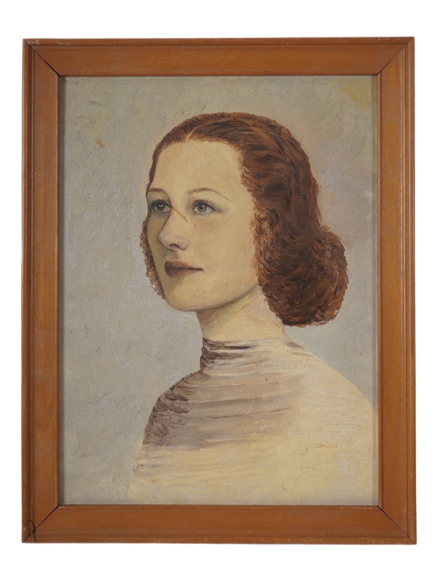 VTG OIL PAINTING PORTRAIT OF YOUNG WOMAN FRAMED: An oil painting on masonite, depicting a portrait of a young woman. Framed by a simple, light-brown wooden frame. Hand inscribed on the back side: Mary, 1942. Fine Art, Oil Paintings and Home Decor Co