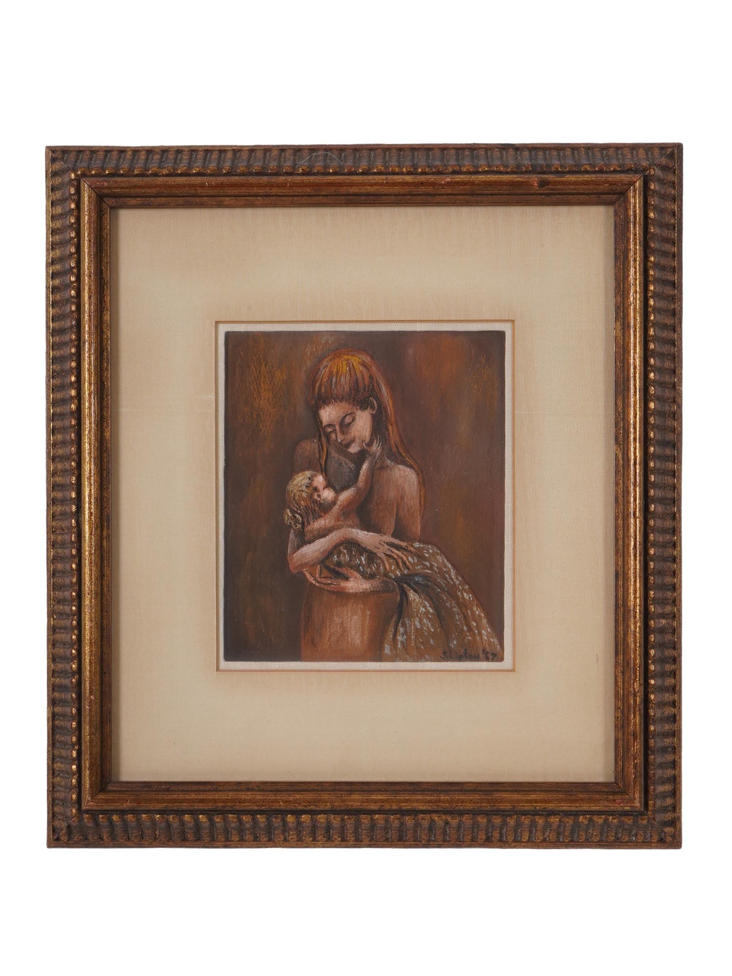 MOTHER AND CHILD ACRYLIC PAINTING SIGNED S LIPTON: An acrylic painting on cardboard depicting a mother and child. Signed S. Lipton and dated 67, lower right. Matted and framed. Bears a paper label from Radburn Paint and Wallpaper Co., on the back side