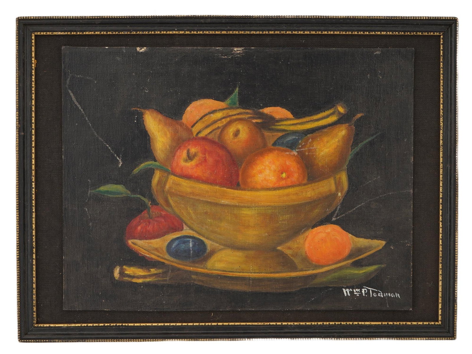 SIGNED P TODMAN OIL ON CANVAS STILL LIFE PAINTING: A vintage oil on canvas still life painting. Signed P. Todman lower right. The painting depicts a still life in warm colours with a variety of fruits in a deep golden bowl against a dark background. F